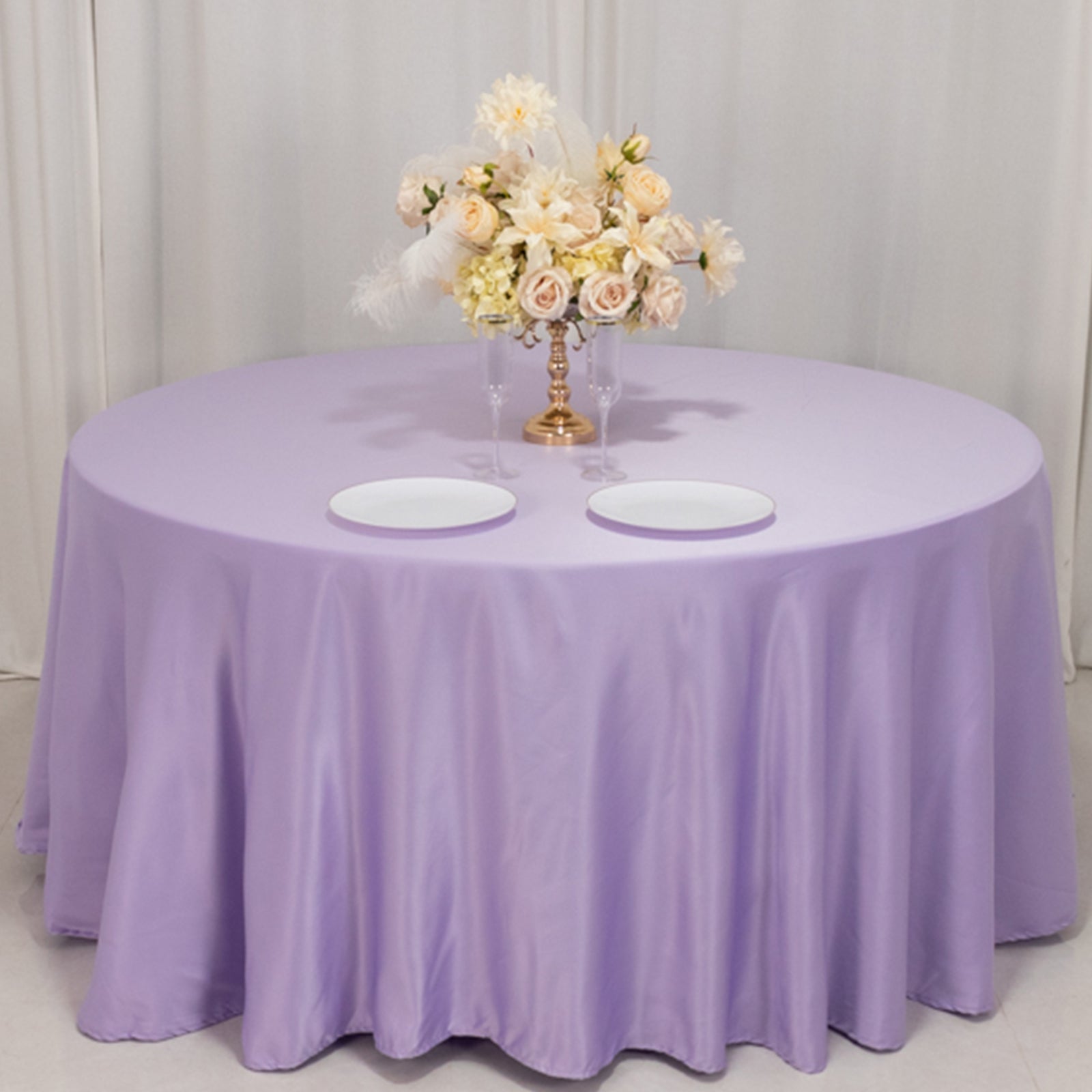 Lamour Satin 120" Round Tablecloth Lavender Lilac - Seamless Table Cover with Soft Tempered Sheen
