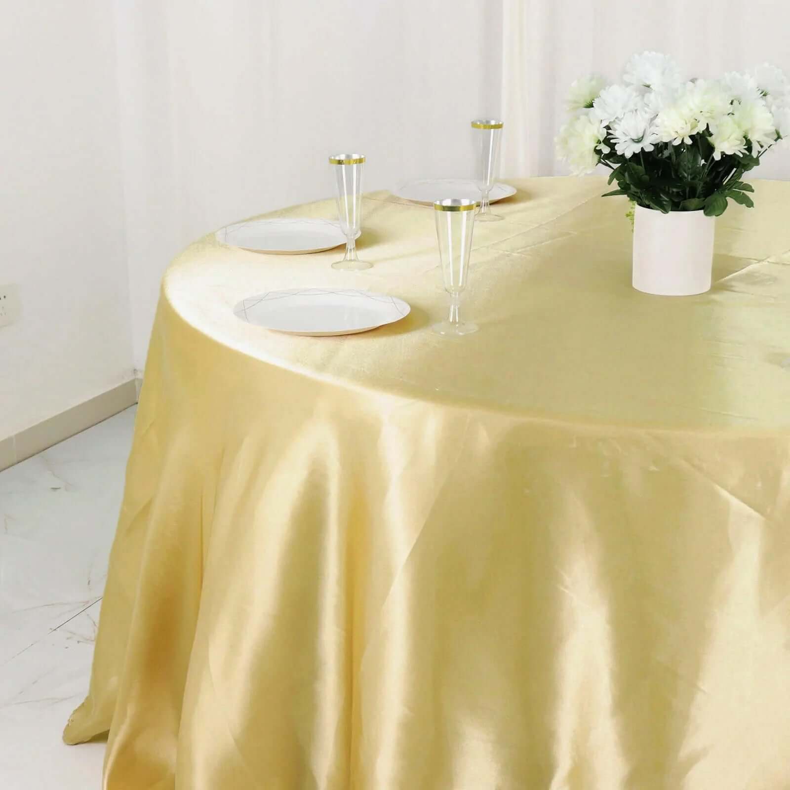 Satin 132" Round Tablecloth Champagne - Stylish Seamless Table Cover