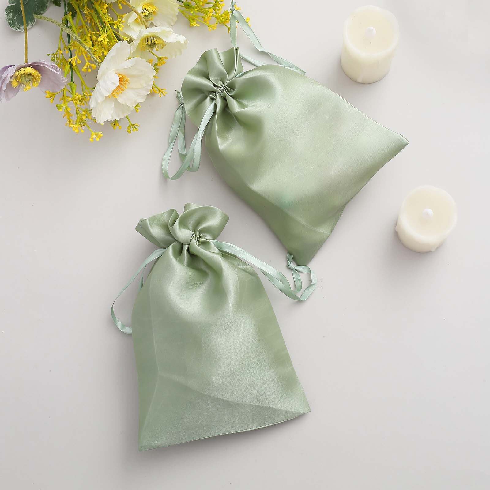 12 Pack 6"x9" Sage Green Satin Wedding Party Favor Bags, Drawstring Pouch Gift Bags