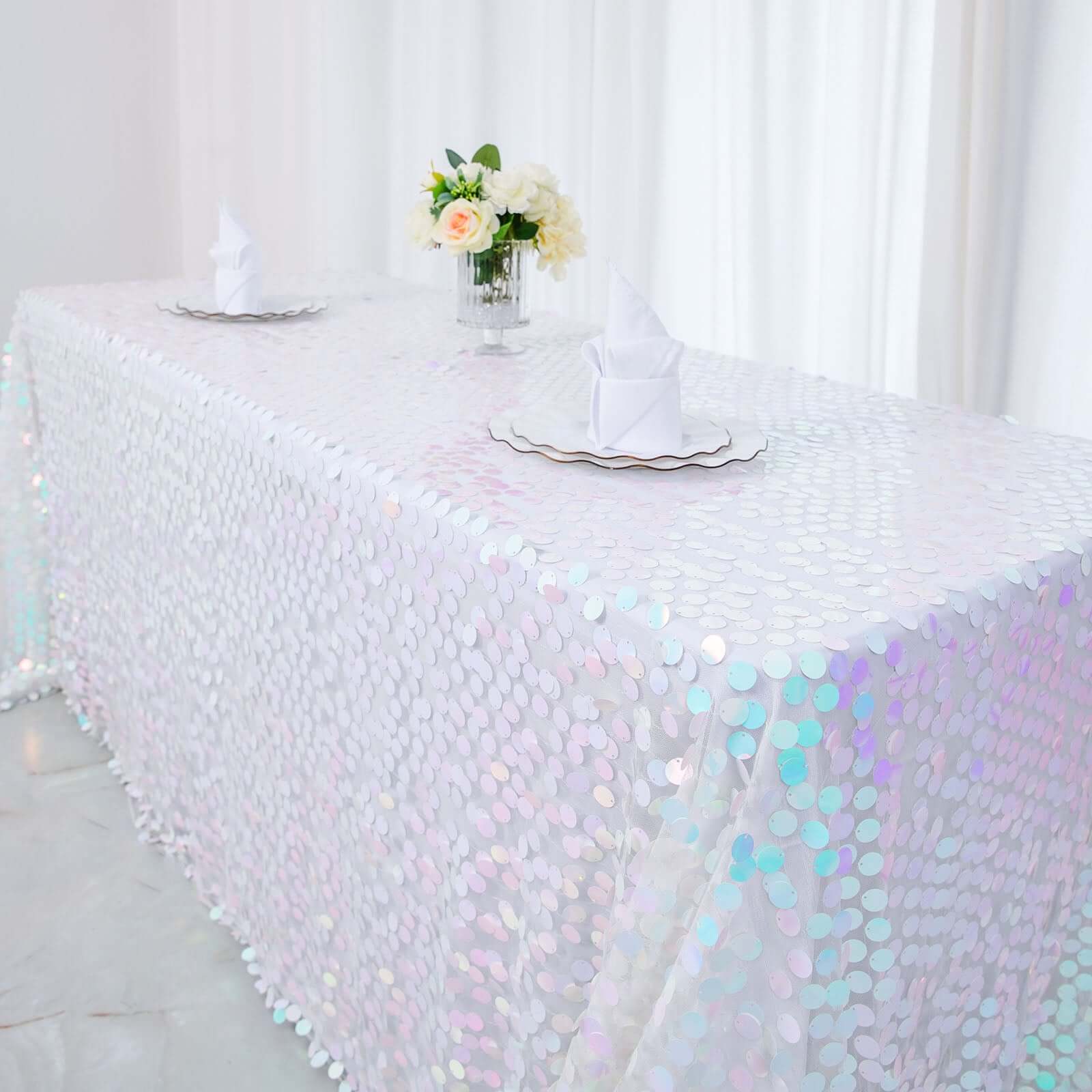 Sequin 90"x156" Rectangle Tablecloth Iridescent Blue - Seamless Big Payette Table Cover