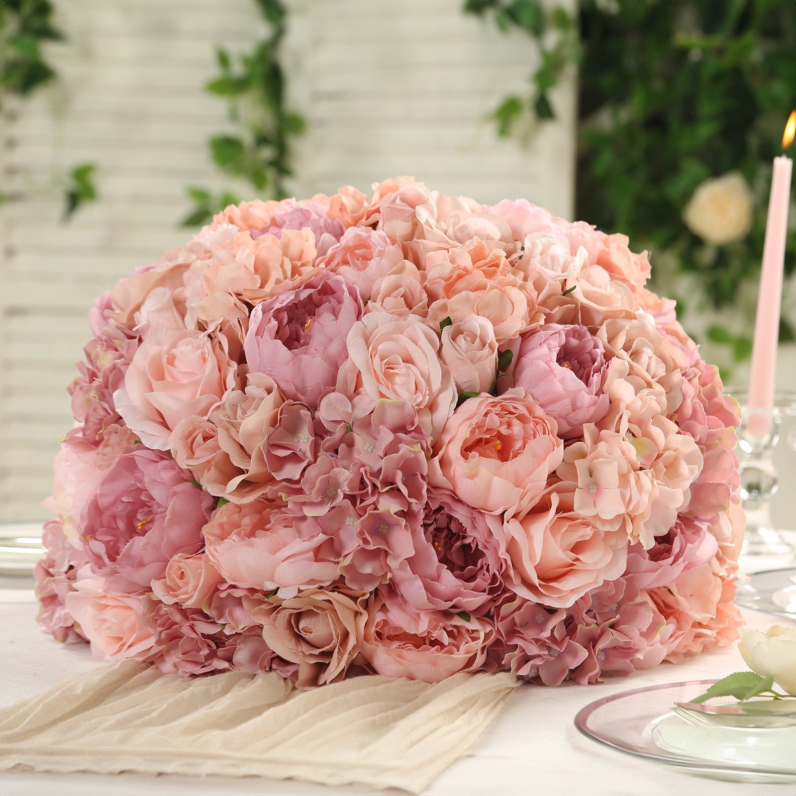 Pre-Arranged Silk Rose Bouquet Floral Arrangement Table Decor, Large Blush Artificial Rose Flower Balls Wedding Centerpieces - 20"