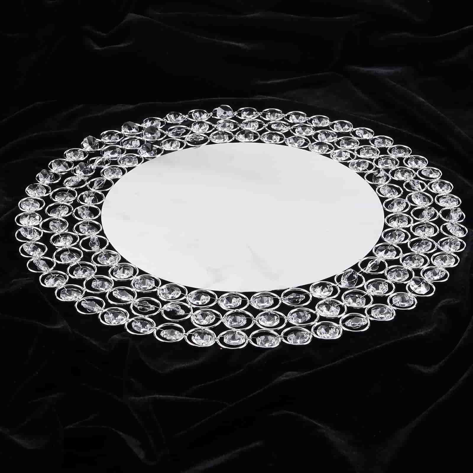 Wired Metal Round Charger Plate 14" in SIlver with Acrylic Crystal Beads, Glamorous Decorative Dinner Charger Tableware