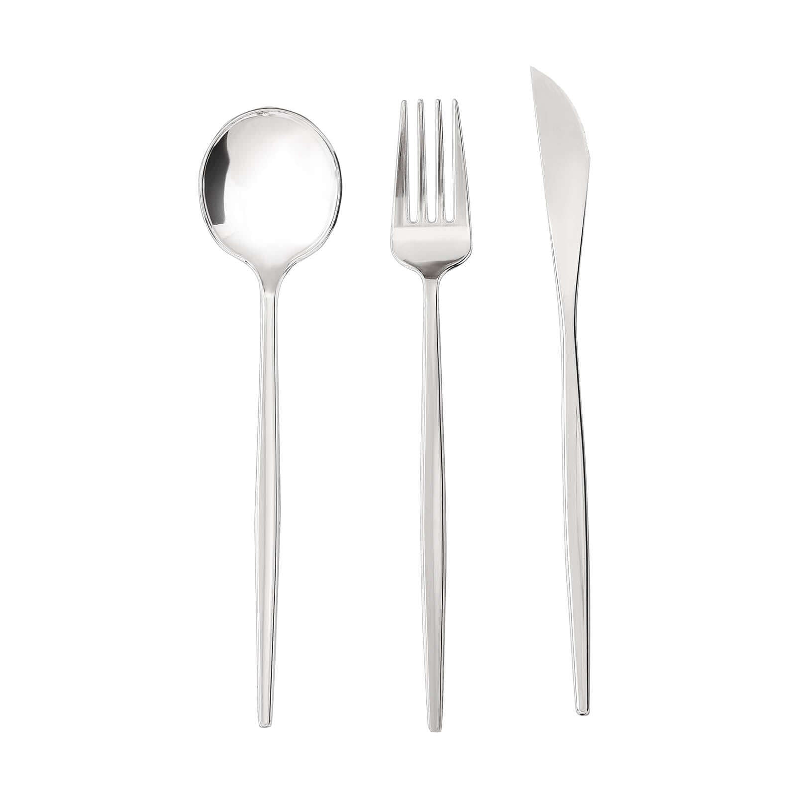 24-Pack Plastic Flatware Set with Sleek Modern Design Silver - Premium Disposable Silverware 8"