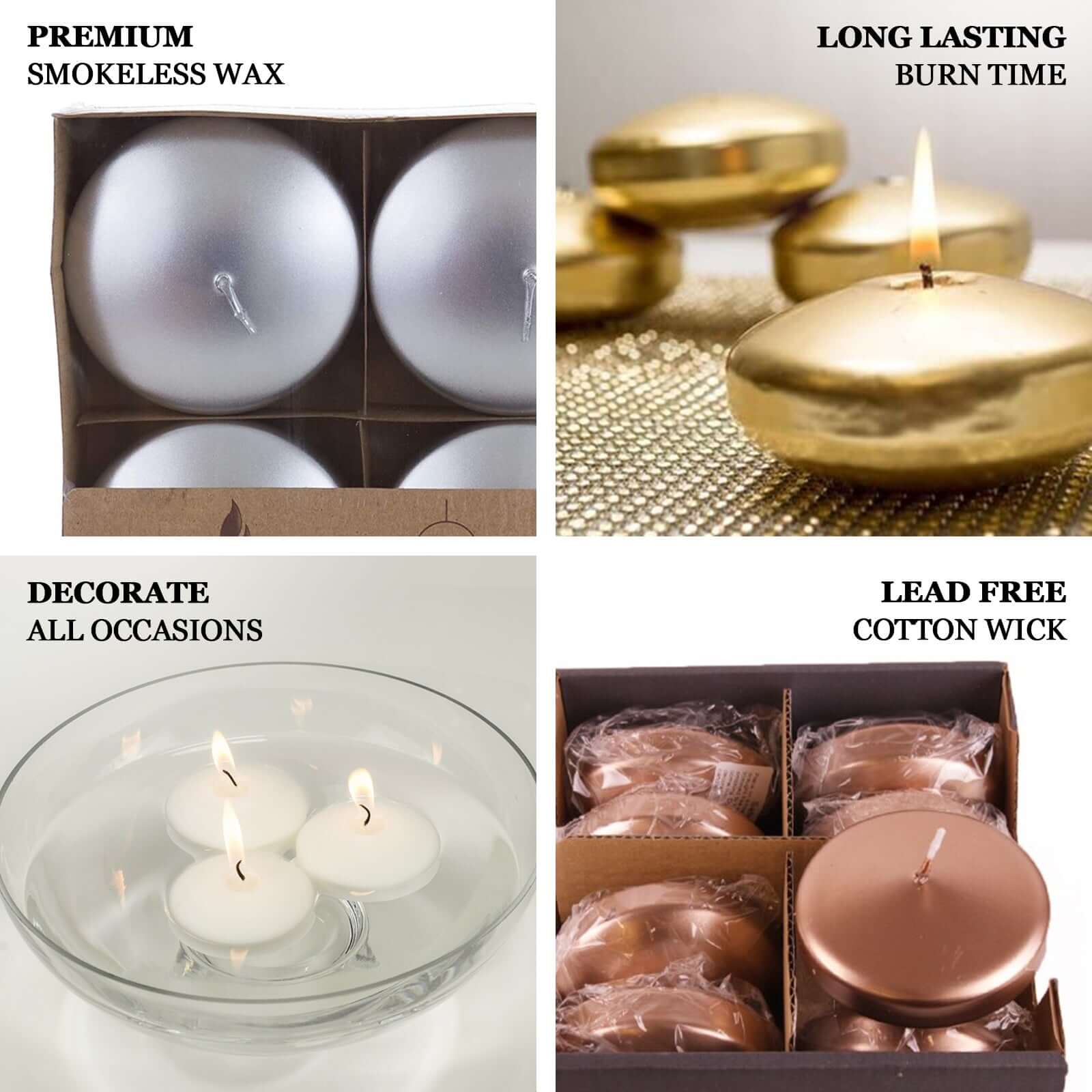 4 Pack 3" Metallic Silver Disc Unscented Floating Candles, Dripless