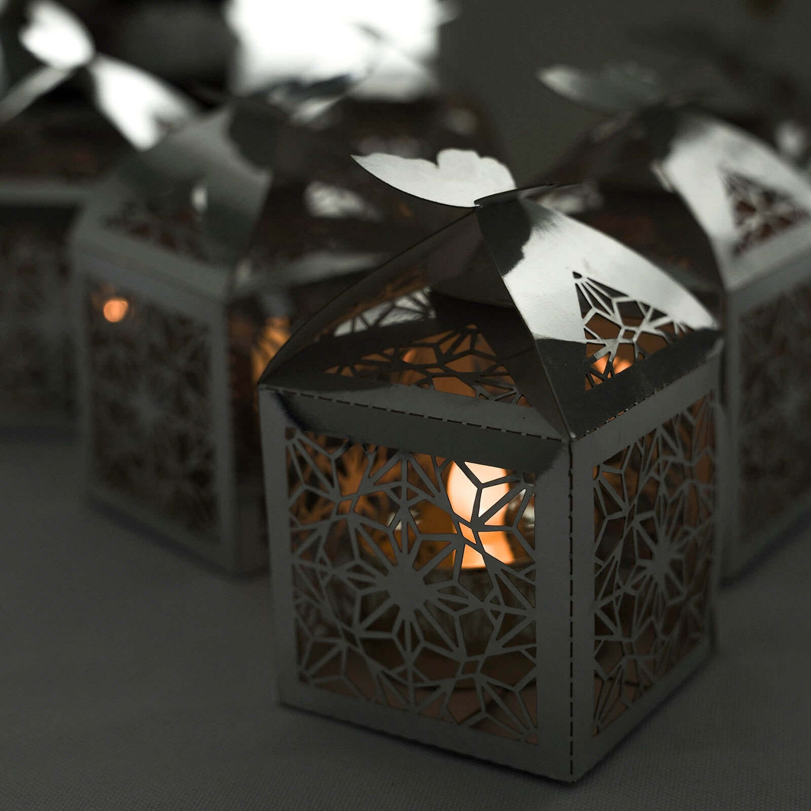 25 Pack Silver Butterfly Top Laser Cut Lace Favor Candy Gift Boxes