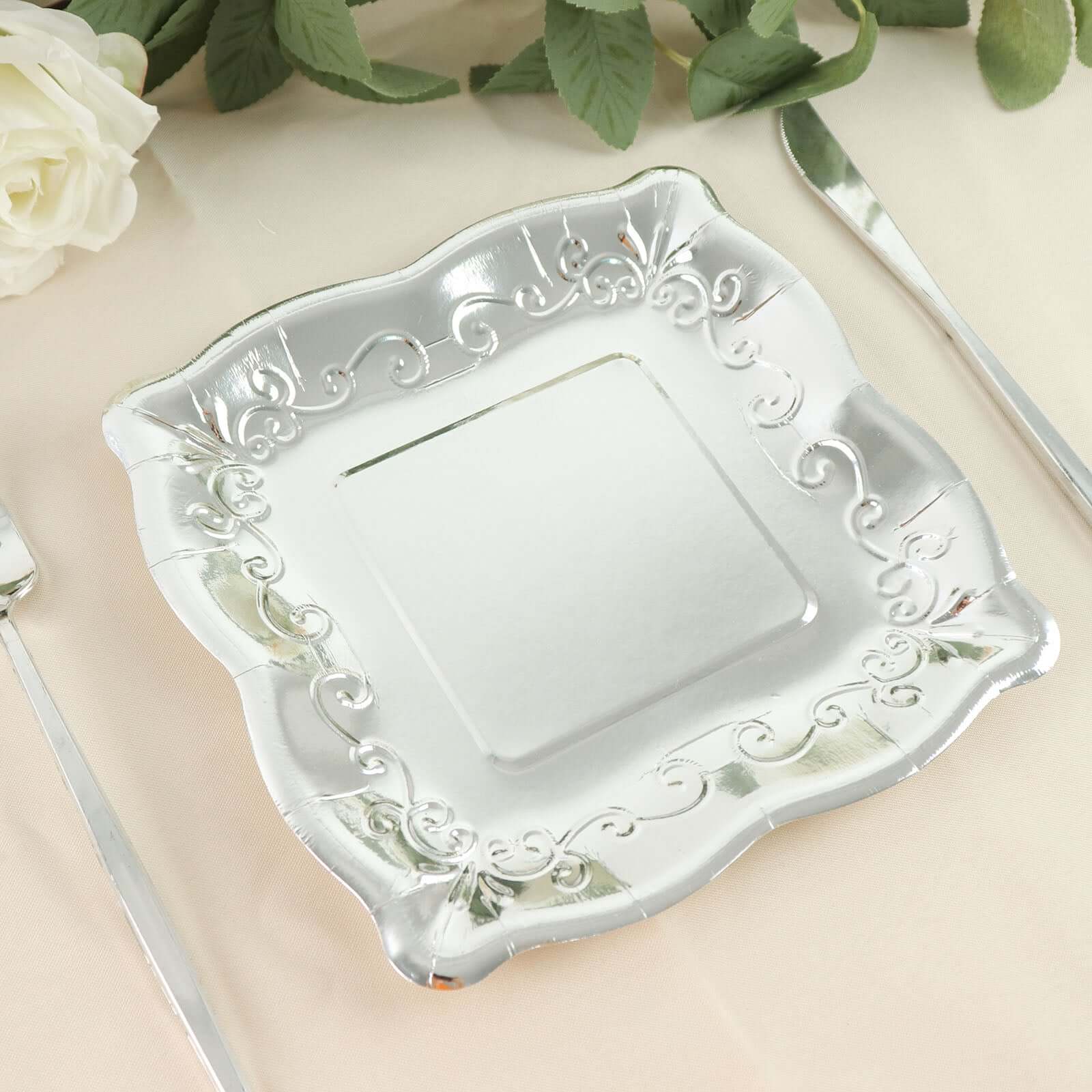 25-Pack Paper 7" Square Dessert Plates in Silver with Vintage Pottery Embossed Design - Shiny Metallic Disposable Appetizer Plates