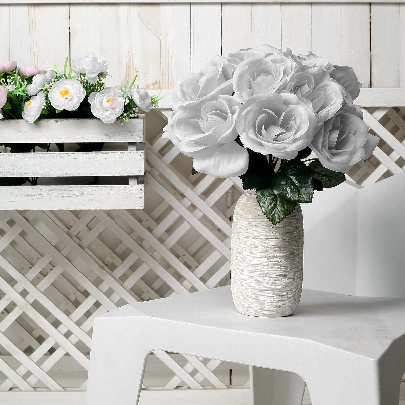 12" Silver Artificial Velvet-Like Fabric Rose Flower Bouquet Bush
