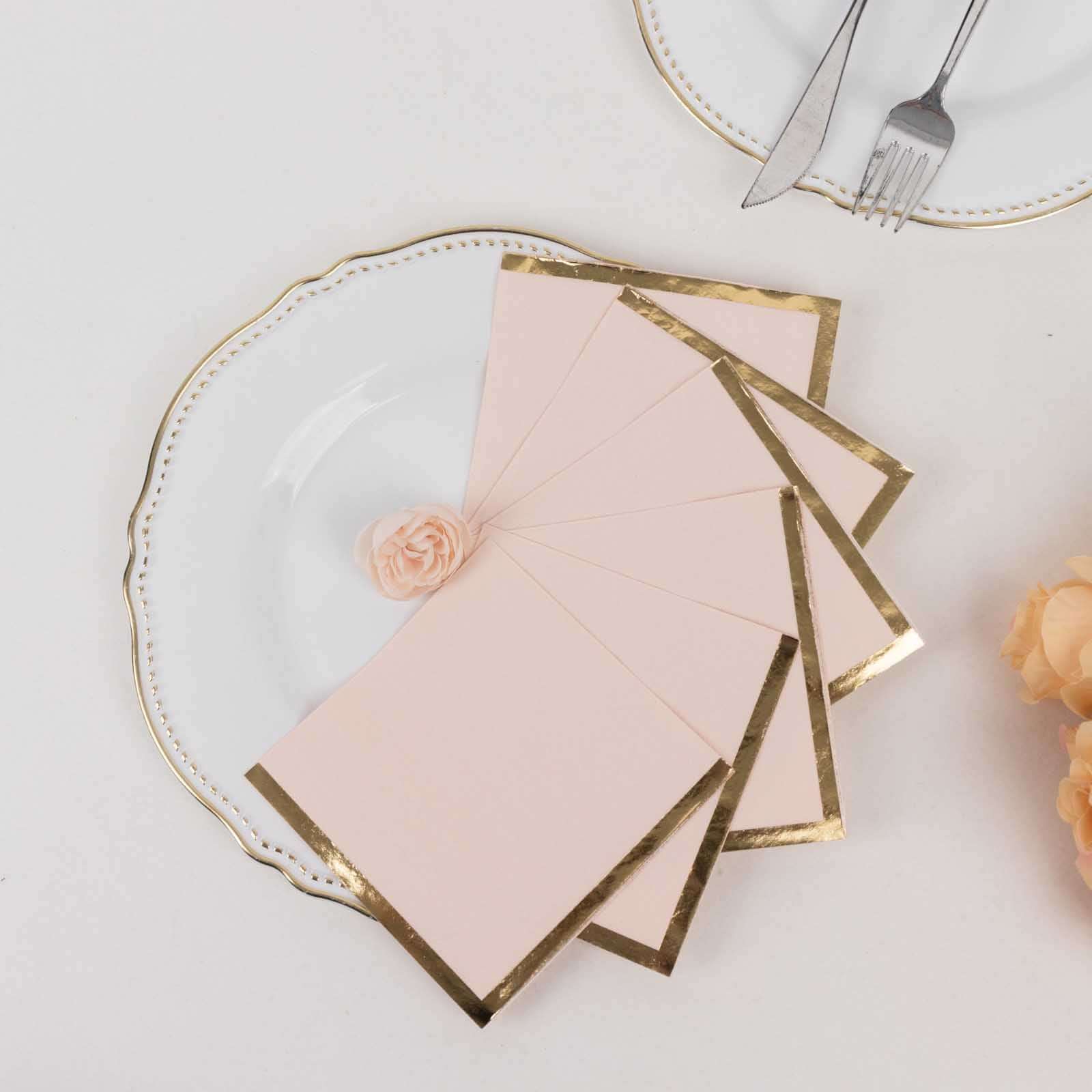 50-Pack Paper Beverage Napkins Blush with Gold Foil Edge - 2 Ply Disposable Soft 18GSM Cocktail Napkins 5"x5"