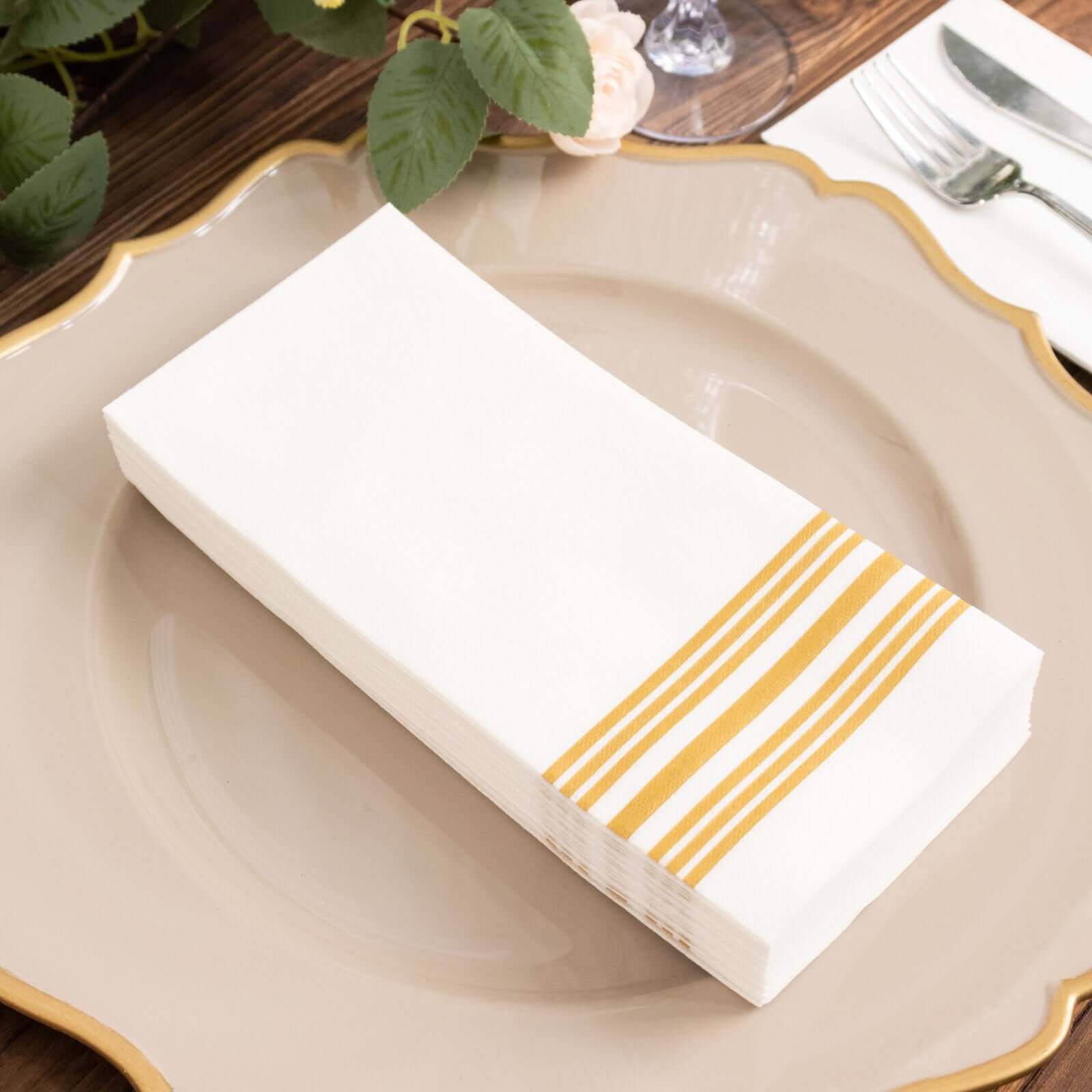 20-Pack Paper Guest Towels White Linen-Like with Gold Lines - Disposable Airlaid Napkins for Formal and Casual Use 8"x4"