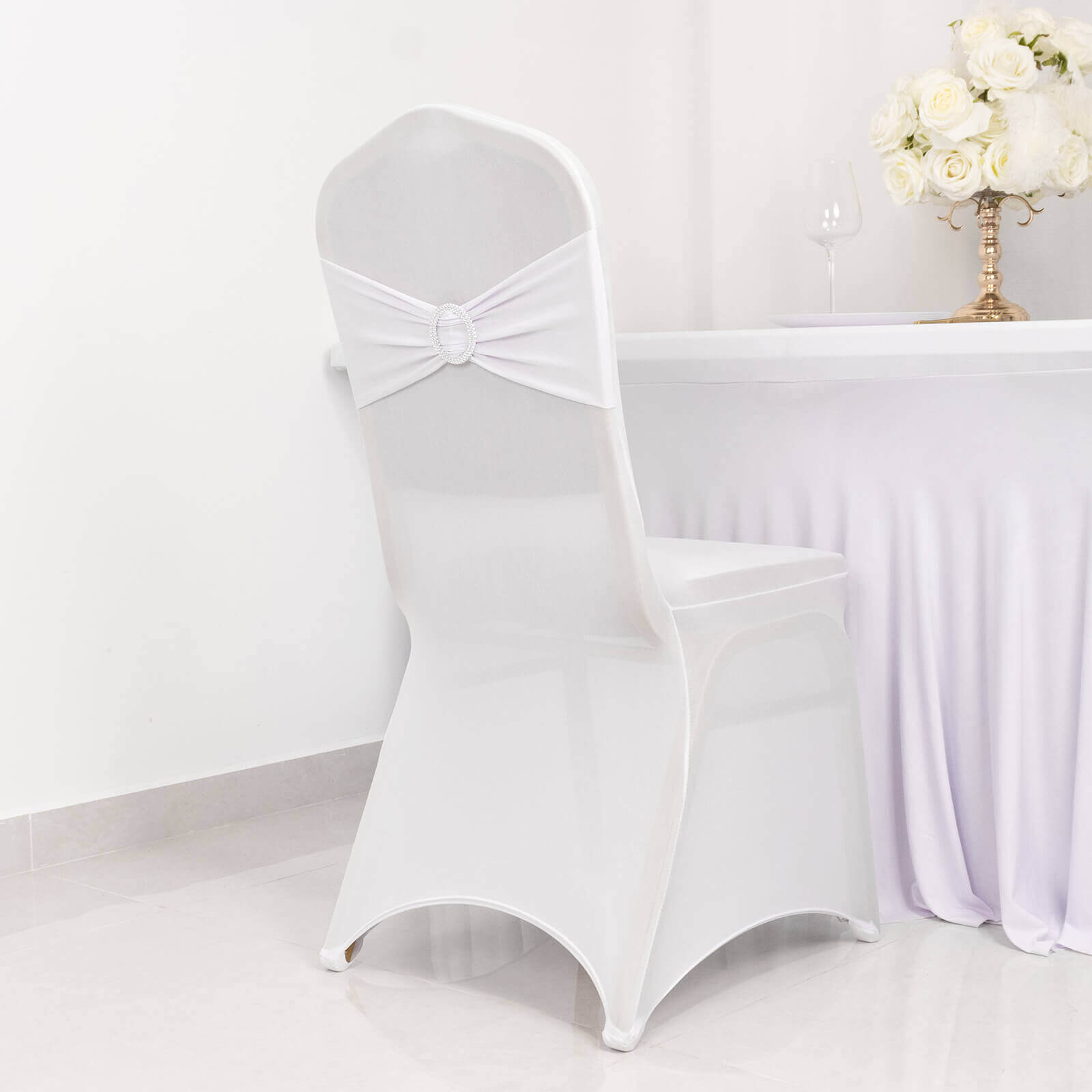 Spandex Chair Cover with White Rhinestone Buckled Sash Band Blush - Stylish Stretch Fitted Slipcover for Banquets & Events