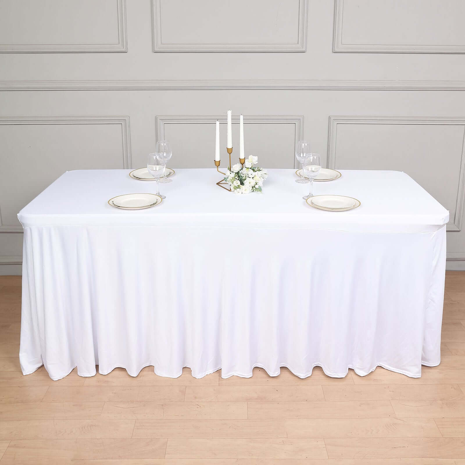 Spandex Rectangle 72"x30" Table Skirt White with Wavy Skirt-Like Effect Stylish Table Cover for Weddings, Banquets & Trade Shows