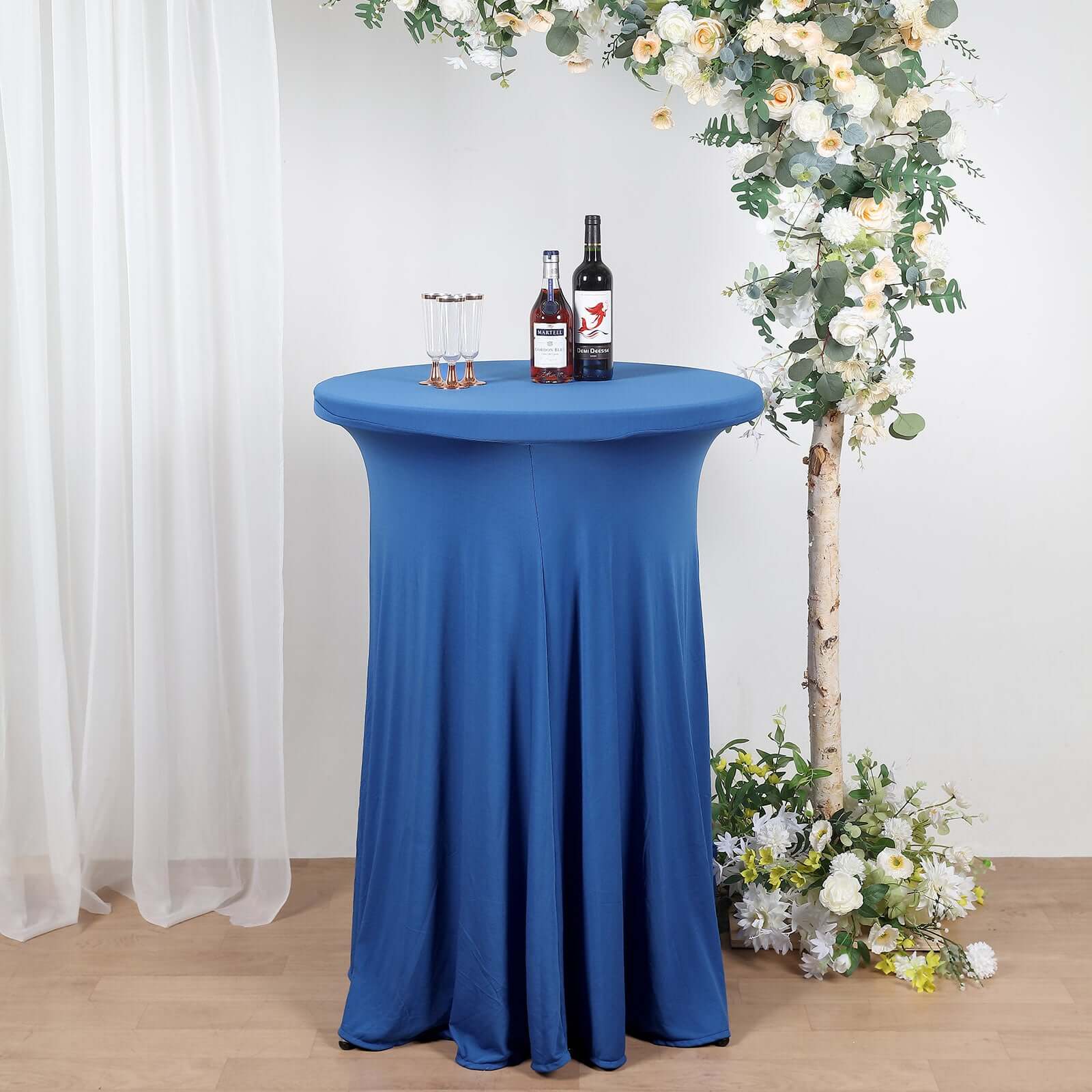 Spandex 32" Round Cocktail Table Cover Skirt Royal Blue With Natural Wavy Drapes