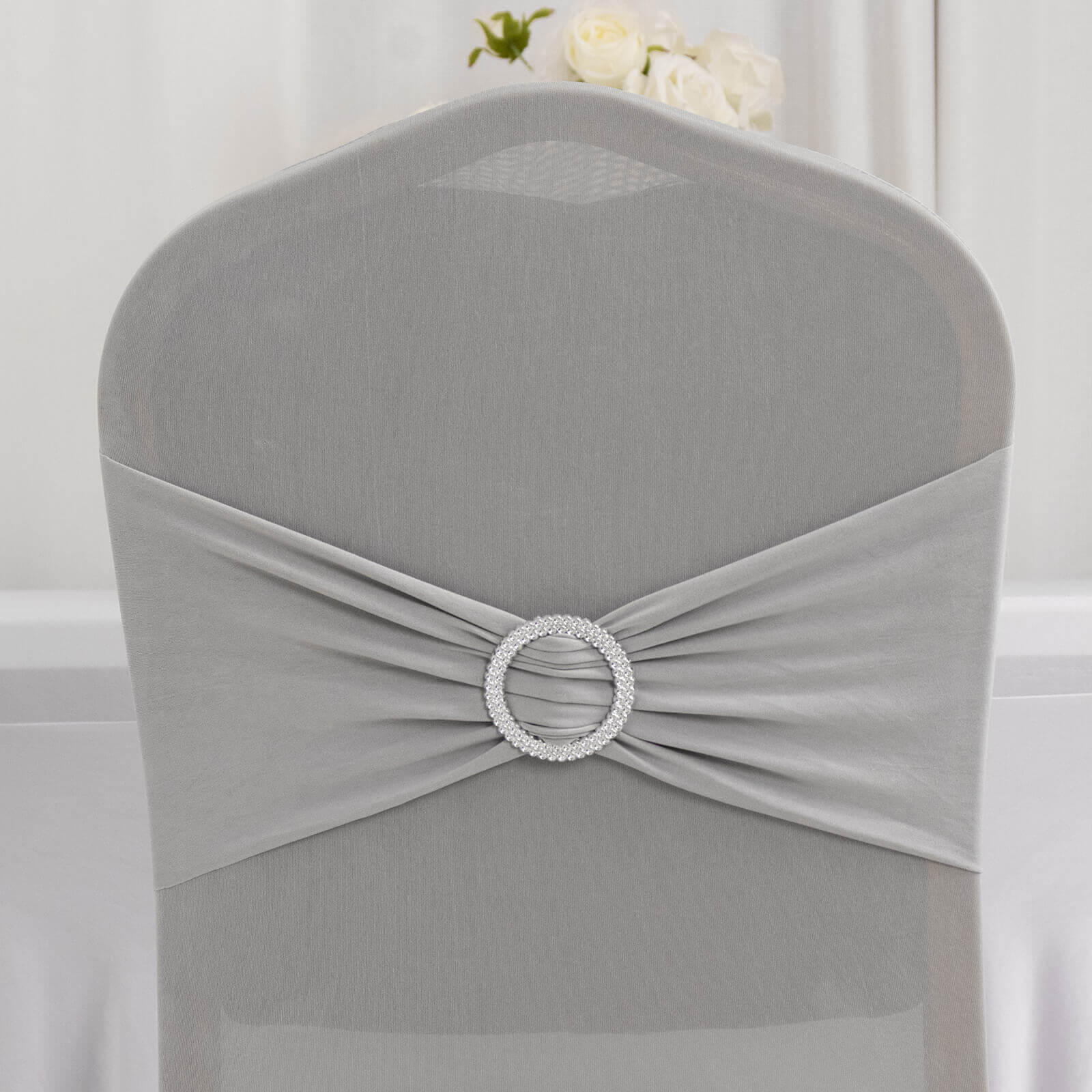Spandex Chair Cover with Silver Rhinestone Buckled Sash Band Blush - Stretch Fitted Slipcover