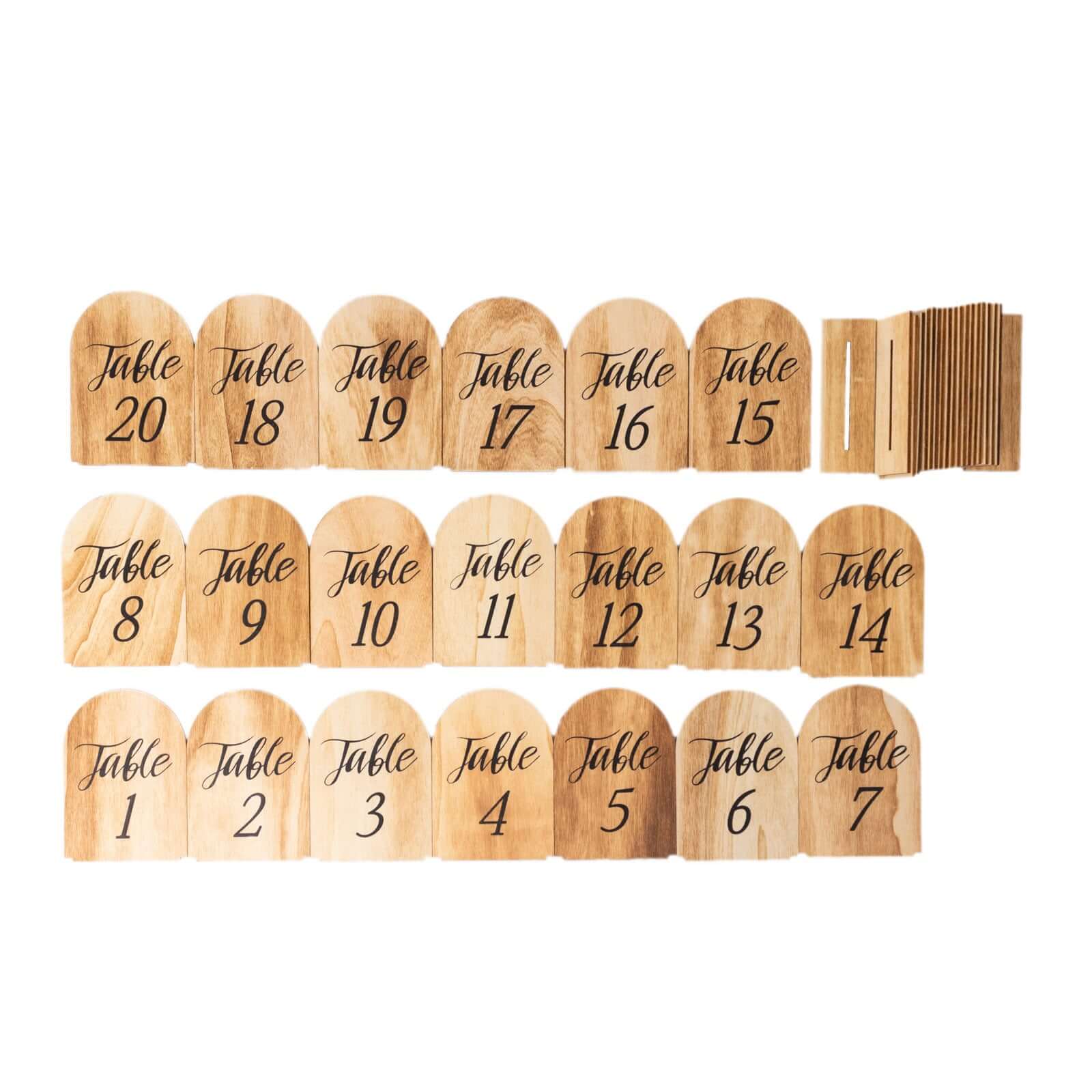 20-Pack Natural Wooden Table Numbers 1-20 Rustic Arch Design with Removable Base - Ideal for Banquets and Receptions 4.5"