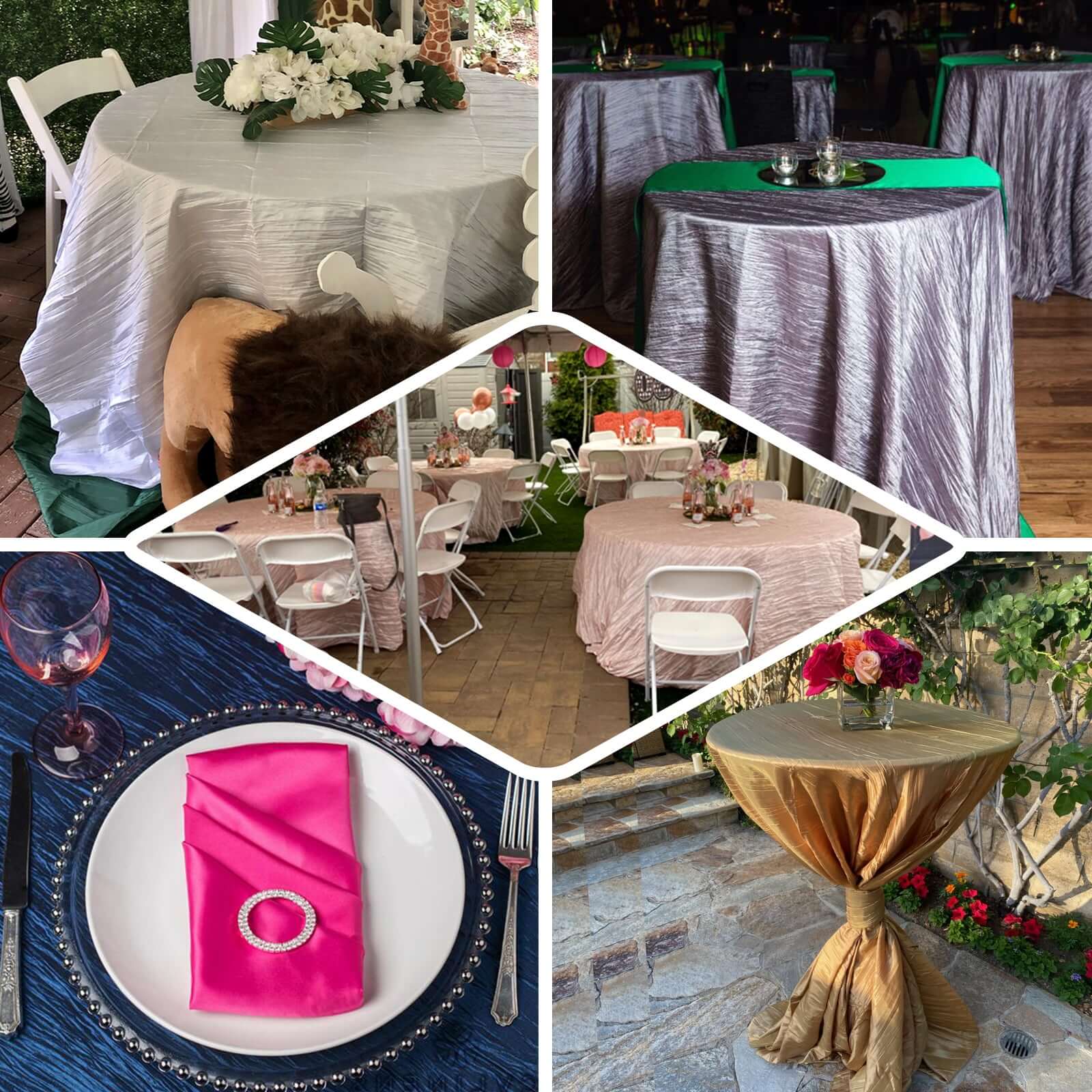 Taffeta 132" Round Tablecloth Blush - Seamless Accordion Crinkle Table Cover