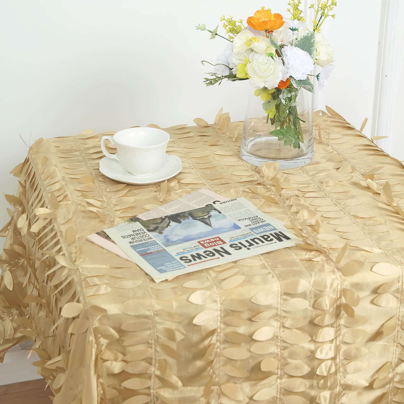 Taffeta 54"x54" Square Tablecloth Champagne 3D Leaf Petal Table Cover