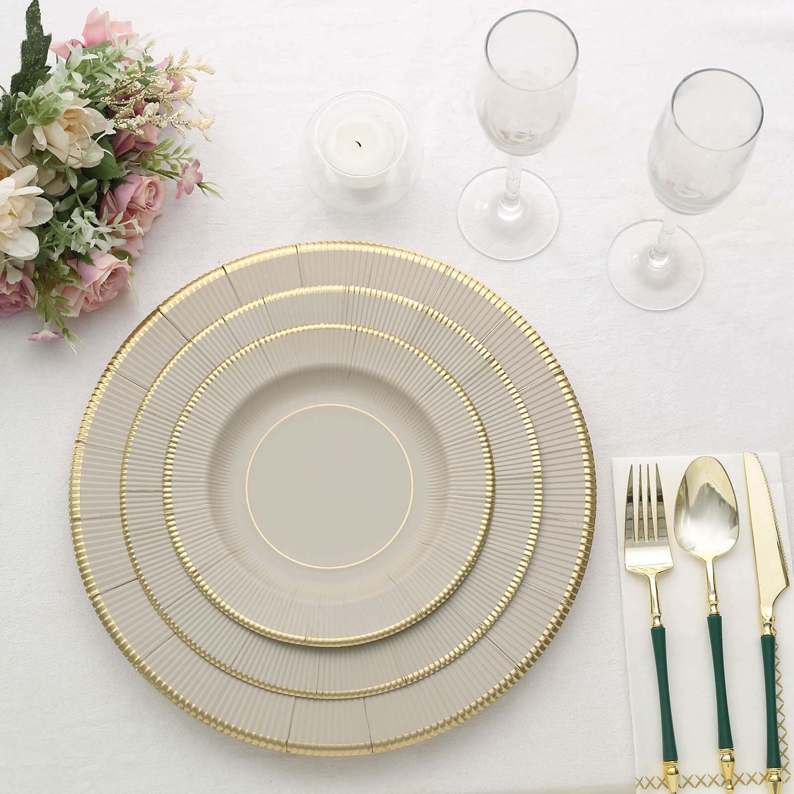 25-Pack Disposable Round Charger Plates in Taupe Sunray Design with Gold Rim - 350GSM Heavy Duty Paper Chargers 13"