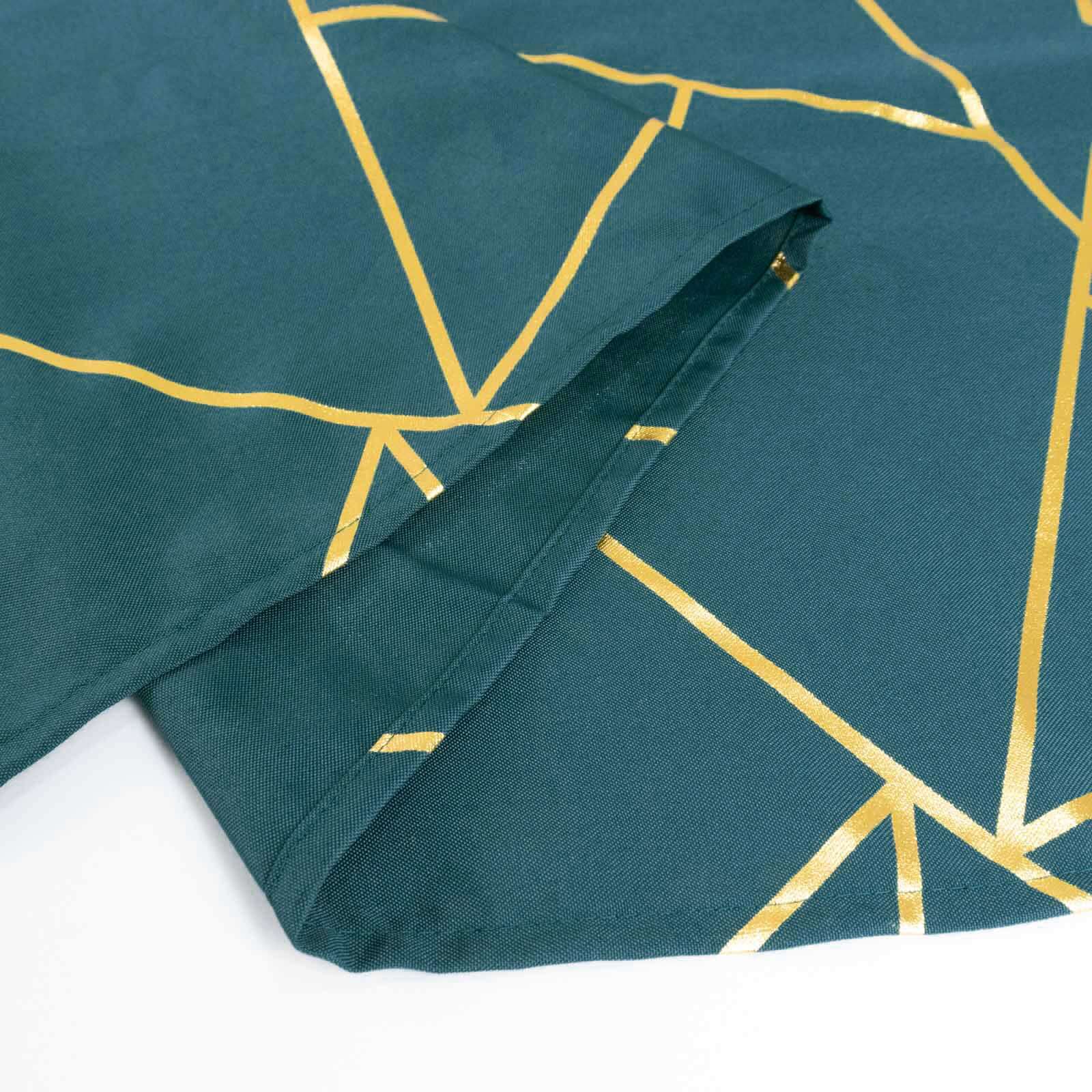 120" Peacock Teal Seamless Round Polyester Tablecloth With Gold Foil Geometric Pattern for 5 Foot Table With Floor-Length Drop