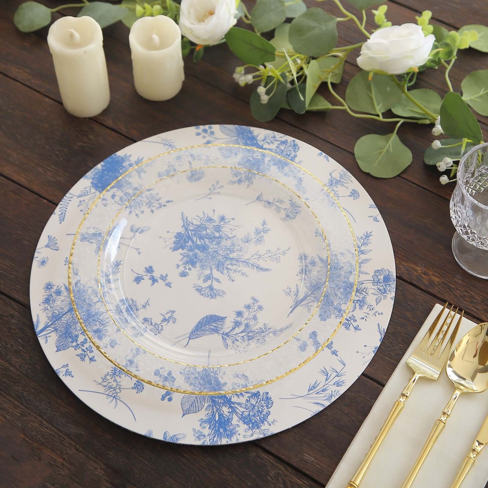 6-Pack Disposable Charger Plates in French Toile Print 13" in White/Blue - 700GSM Floral Paper Chargers for Stylish & Easy Cleanup