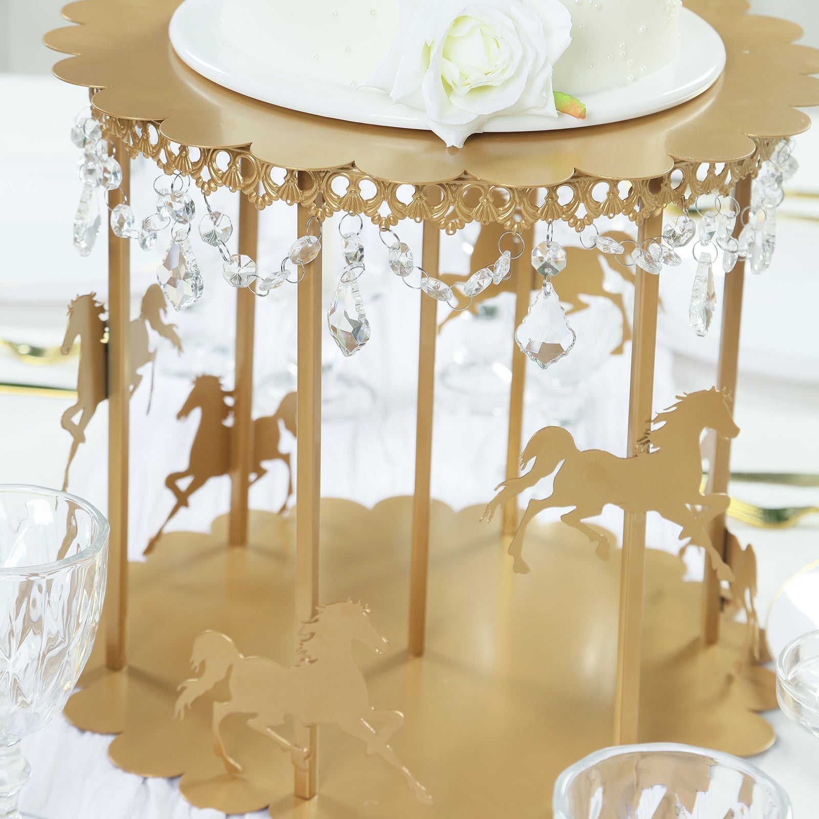 Metal Round Pedestal Cake Stand Gold Carousel Design with Hanging Acrylic Beads - Luxurious Dessert Display Centerpiece Holder for Cupcakes & Pastries 14"