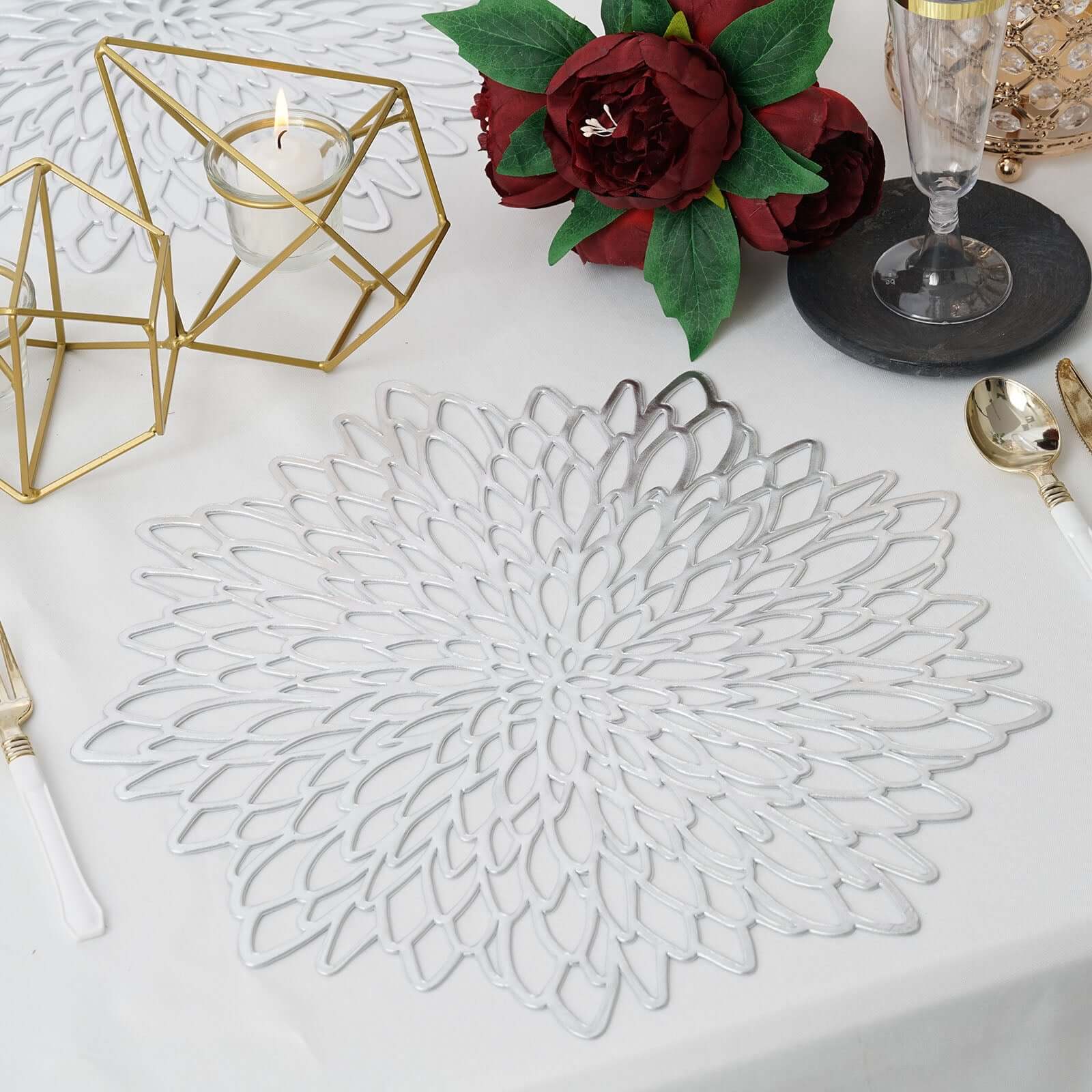 6-Pack Dining Table Mats Floral Design Silver - Metallic Vinyl Round Non-Slip Mats for Tables 15"