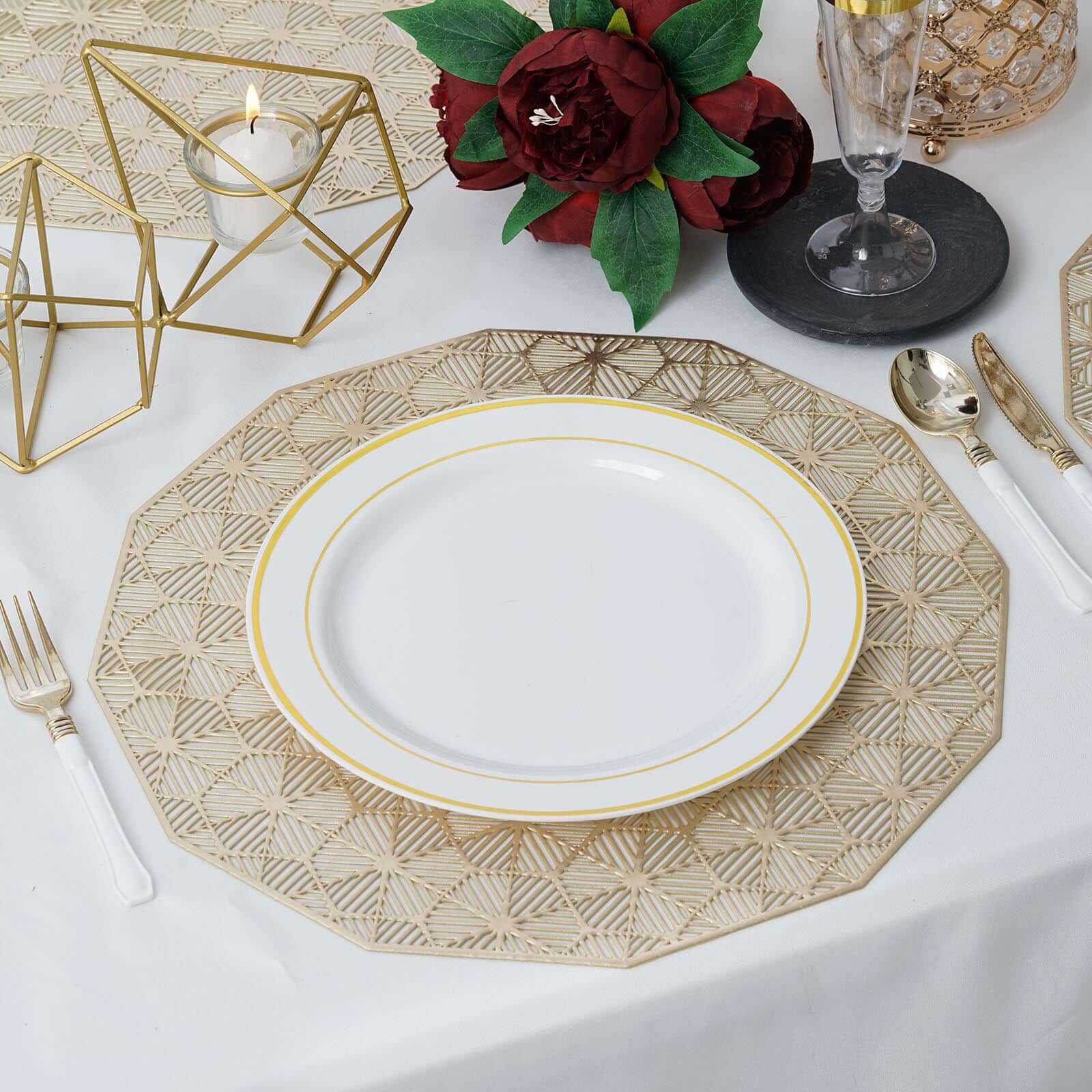 6-Pack Dining Table Mats Geometric Woven Design Gold - Vinyl Non-Slip Surface for Modern Table Settings 15"