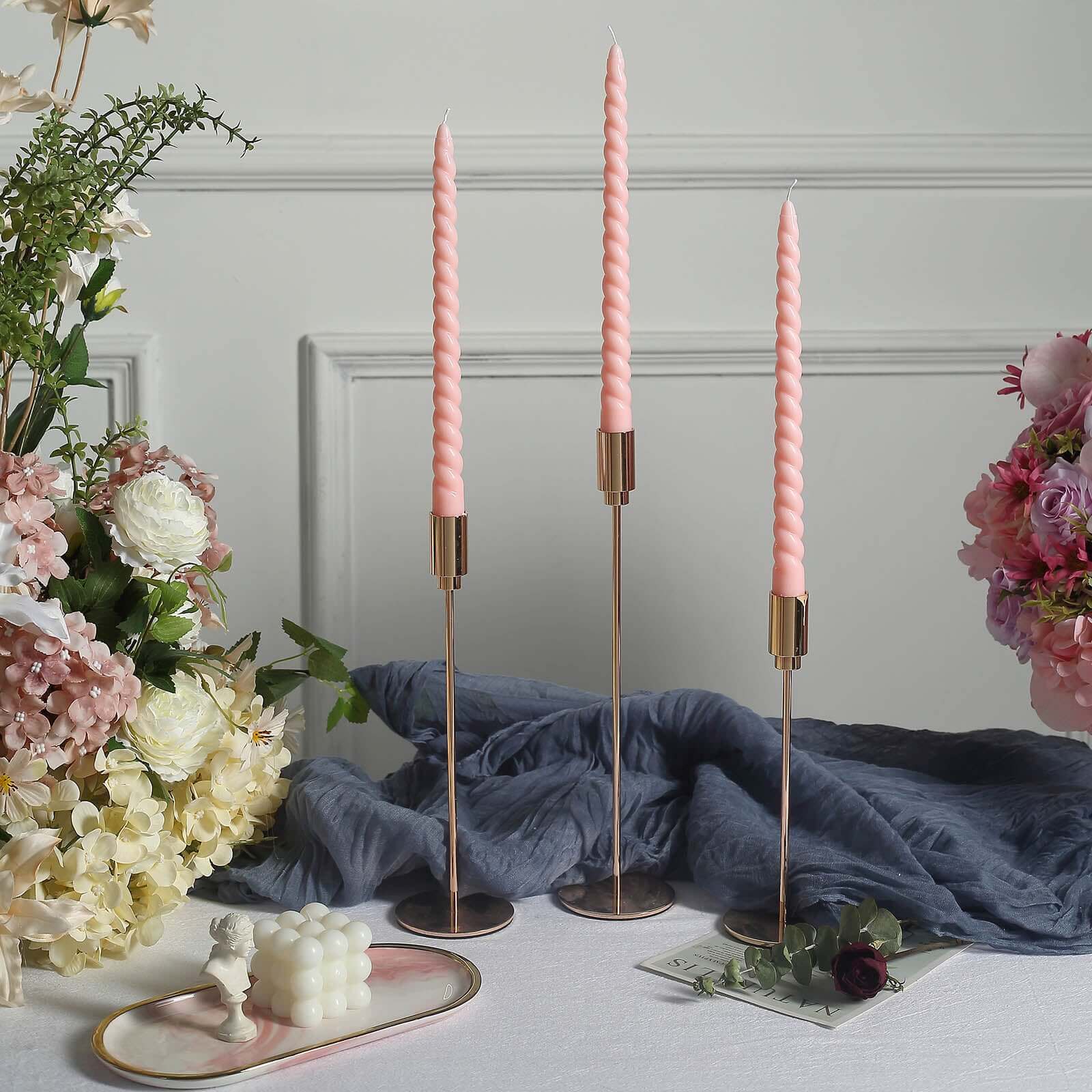 12-Pack Taper Candles Spiral Long Burn Wick Design Blush - Premium Unscented Wax Dinner Candle Sticks 11"