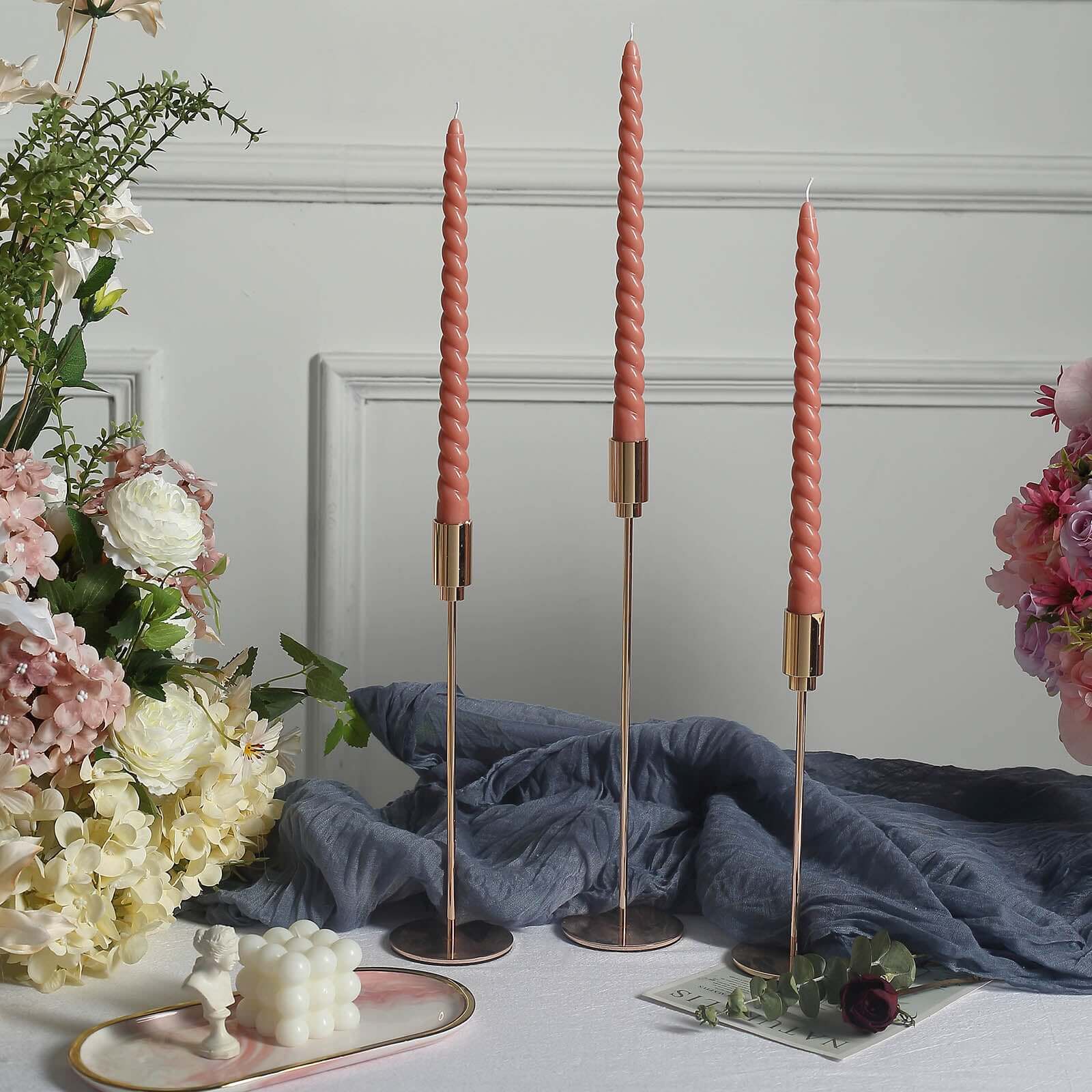 12-Pack Taper Candles Spiral Long Burn Wick Design Dark Nude - Premium Unscented Wax Dinner Candle Sticks 11"