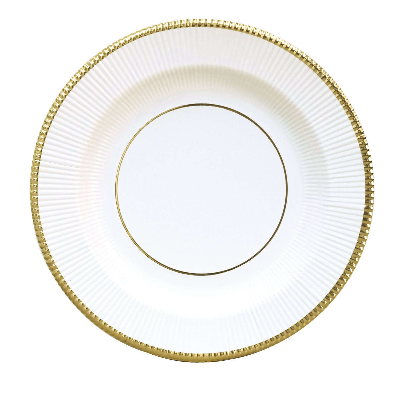 25-Pack Paper 10" Round Dinner Plates in White Sunray Design with Gold Rim - Disposable Heavy Duty 350GSM Party Plates