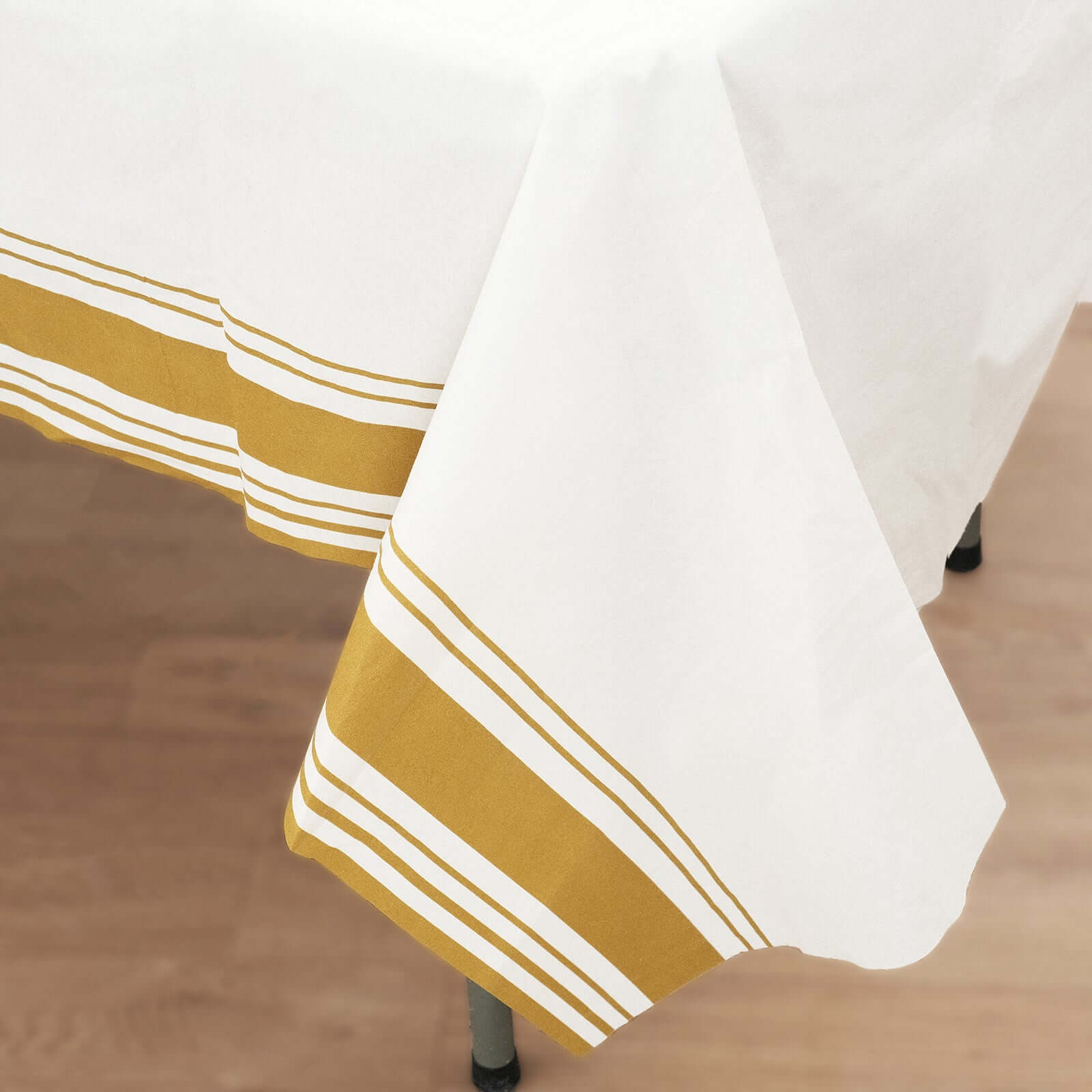 Paper Linen-Like Tablecloth Rectangle White with Gold Striped Border - Decorative Disposable Cover for Events 50"x108"
