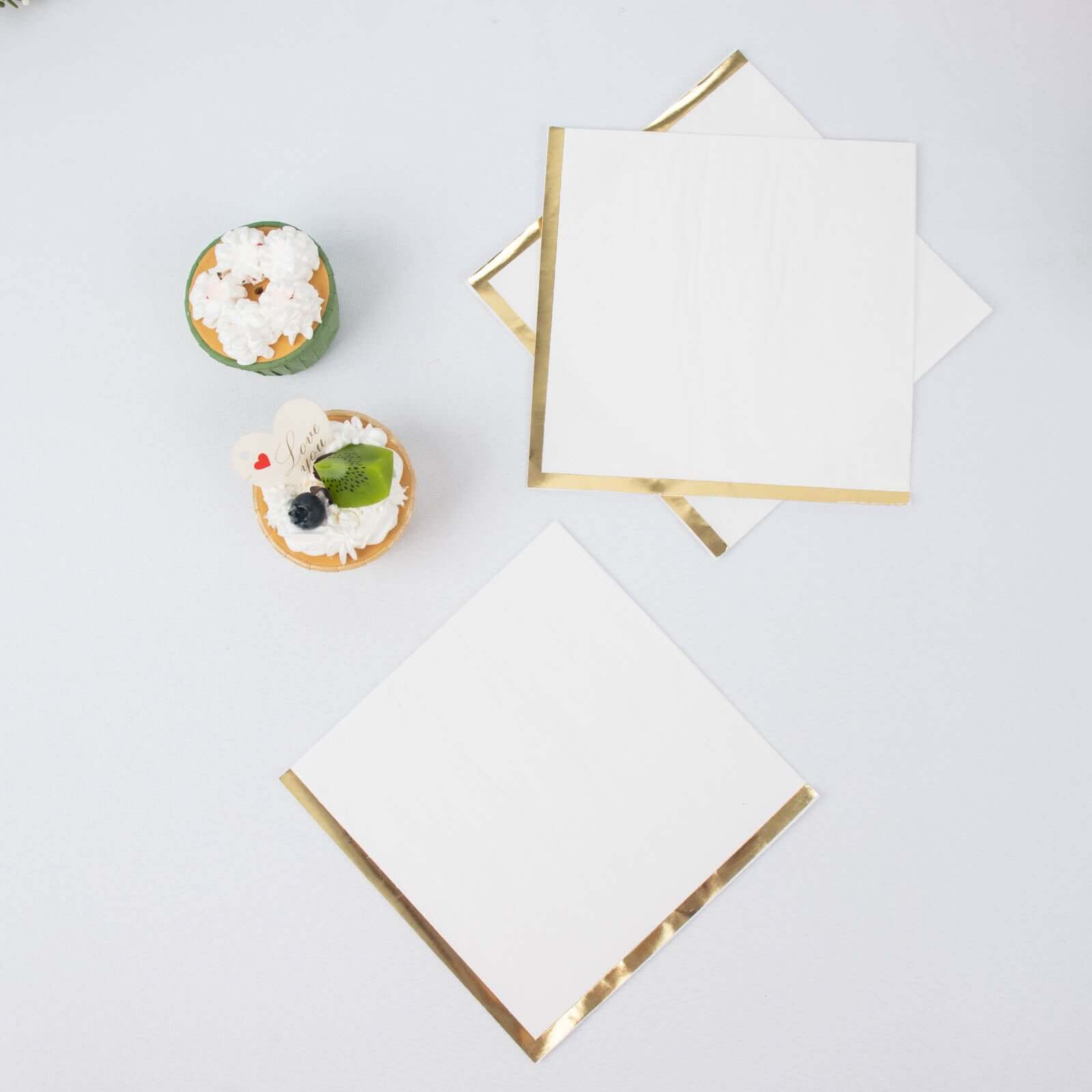 50-Pack Paper Beverage Napkins with Gold Foil Edge White - Disposable 2 Ply Cocktail Napkins for Events 6.5"x6.5"