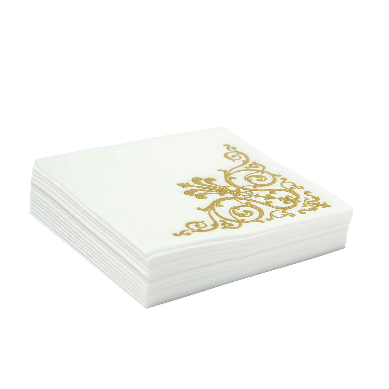 20 Pack Linen-Like Paper 5"x5" Napkins White - Gold Fleur Vintage Airlaid Cocktail Napkins