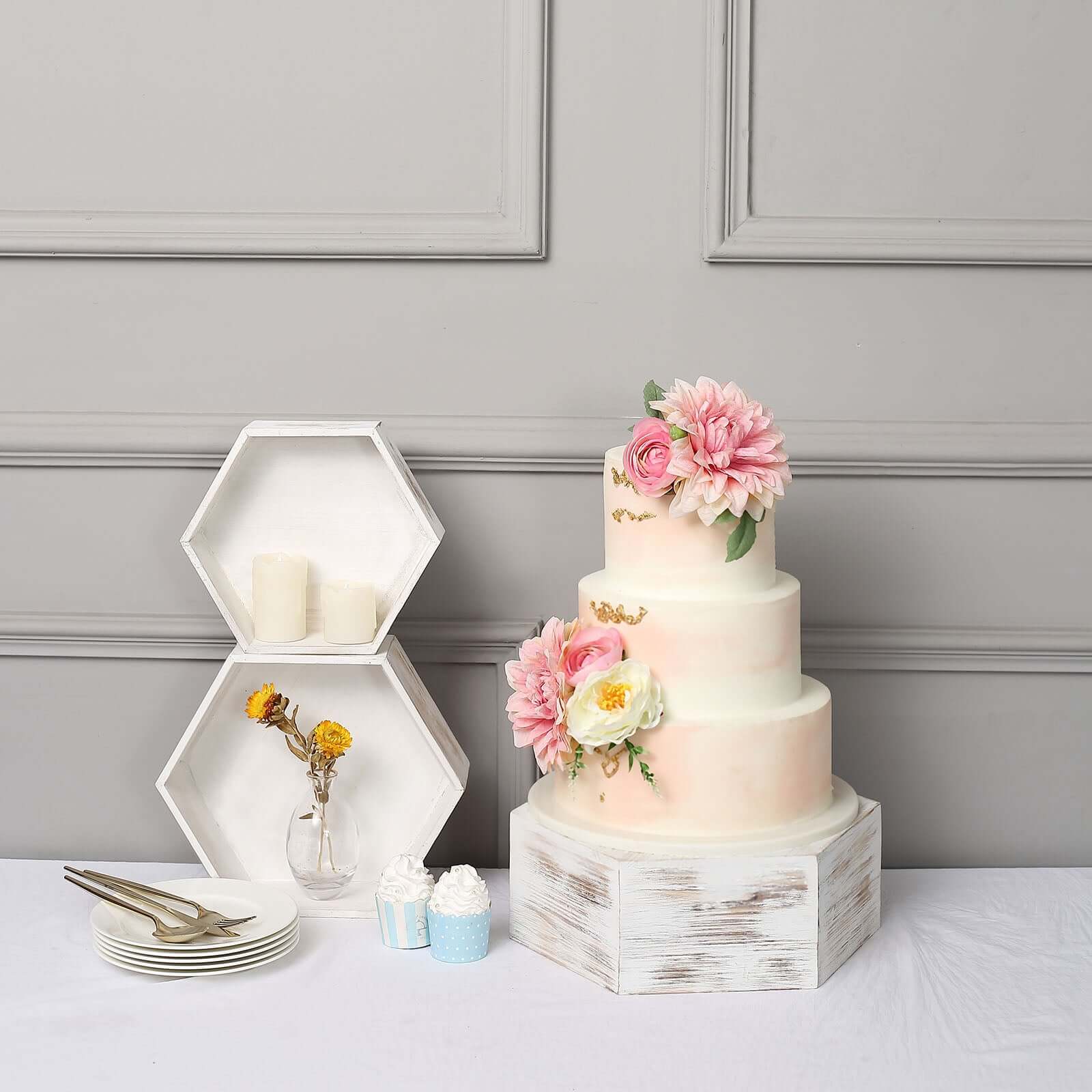 Set of 3 Wooden Dessert Display Boxes Whitewashed Hexagonal Design - Stackable Riser Cake Stand 9", 11", 13"
