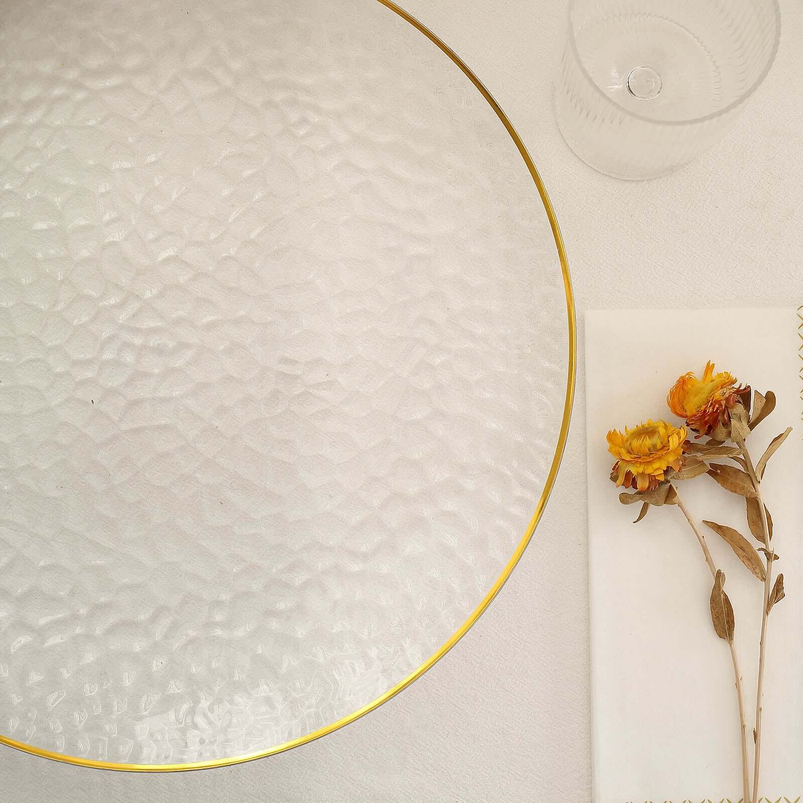 6-Pack Economy Plastic Round Charger Plates 13" in Clear Hammered Design with Gold Rim, Decorative Dinner Party Serving Plates