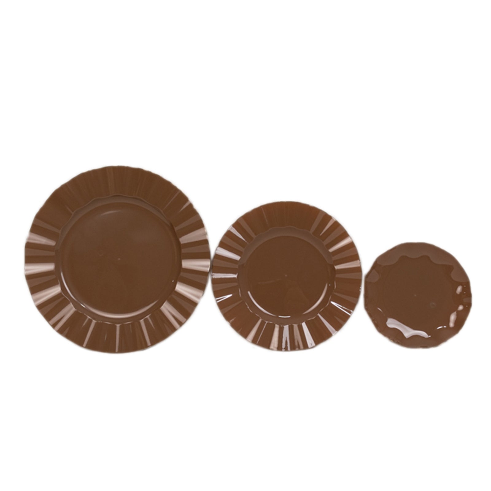 10-Pack Plastic Round 6" Dessert Plates in Coffee Brown Ruffled Rim with Gold Edging - Sturdy Disposable Salad Appetizer Dinnerware