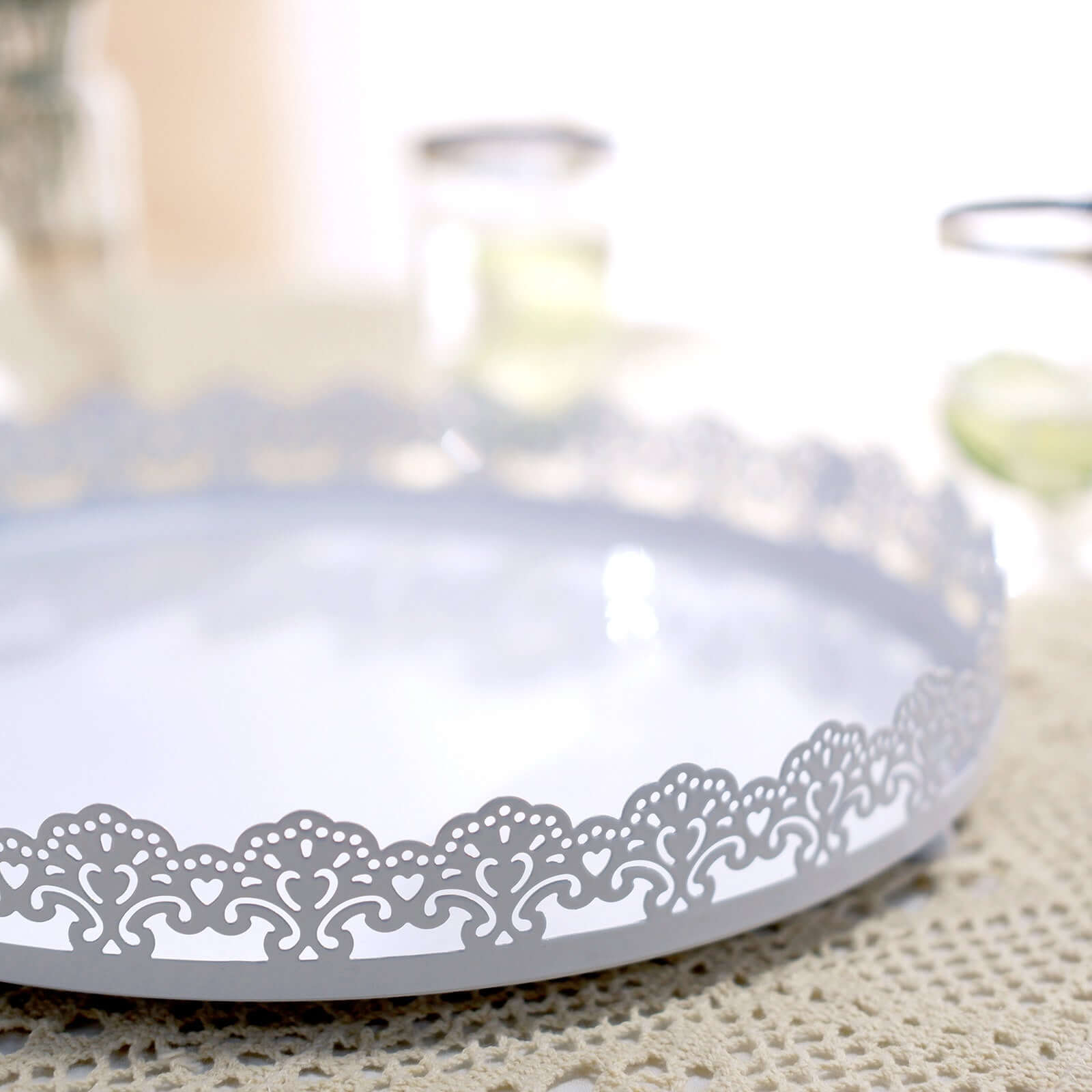 Metal Round Serving Tray 12" in White with Embellished Rims, Stylish Decorative Vanity Tray Centerpiece