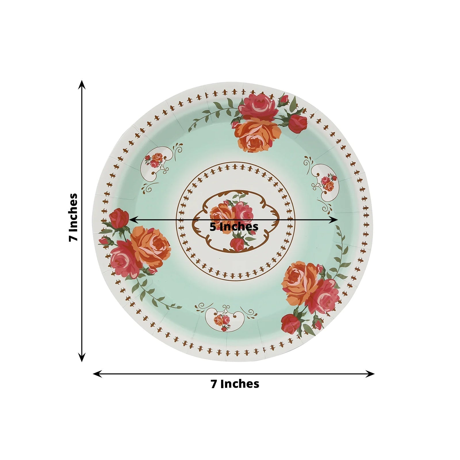25-Pack Paper 7" Round Dessert Plates in Turquoise with Vintage Rose Flower Print - Disposable Appetizer Salad Plates