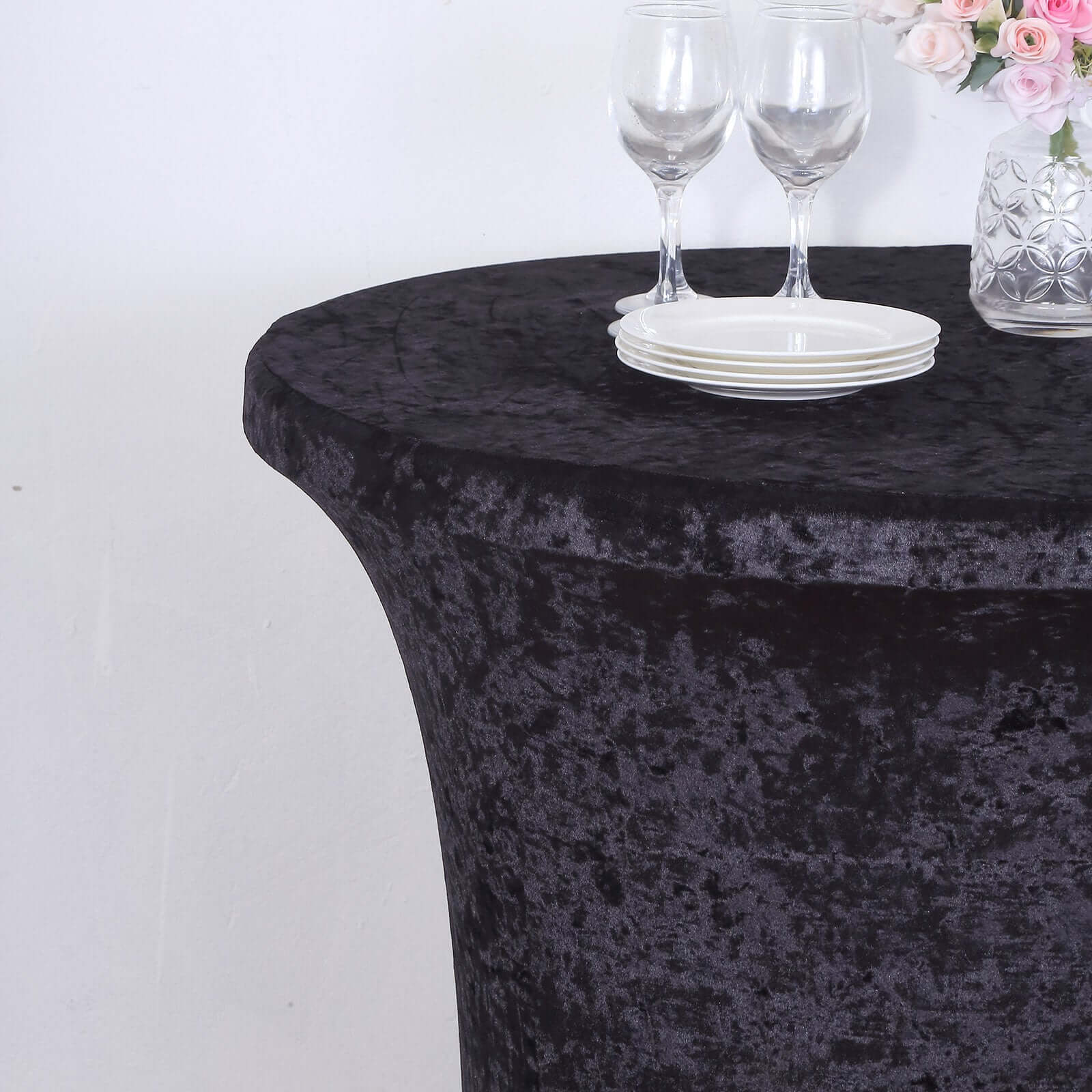 Crushed Velvet Spandex 32" Round Cocktail Table Cover Black Smooth Highboy Tablecloth