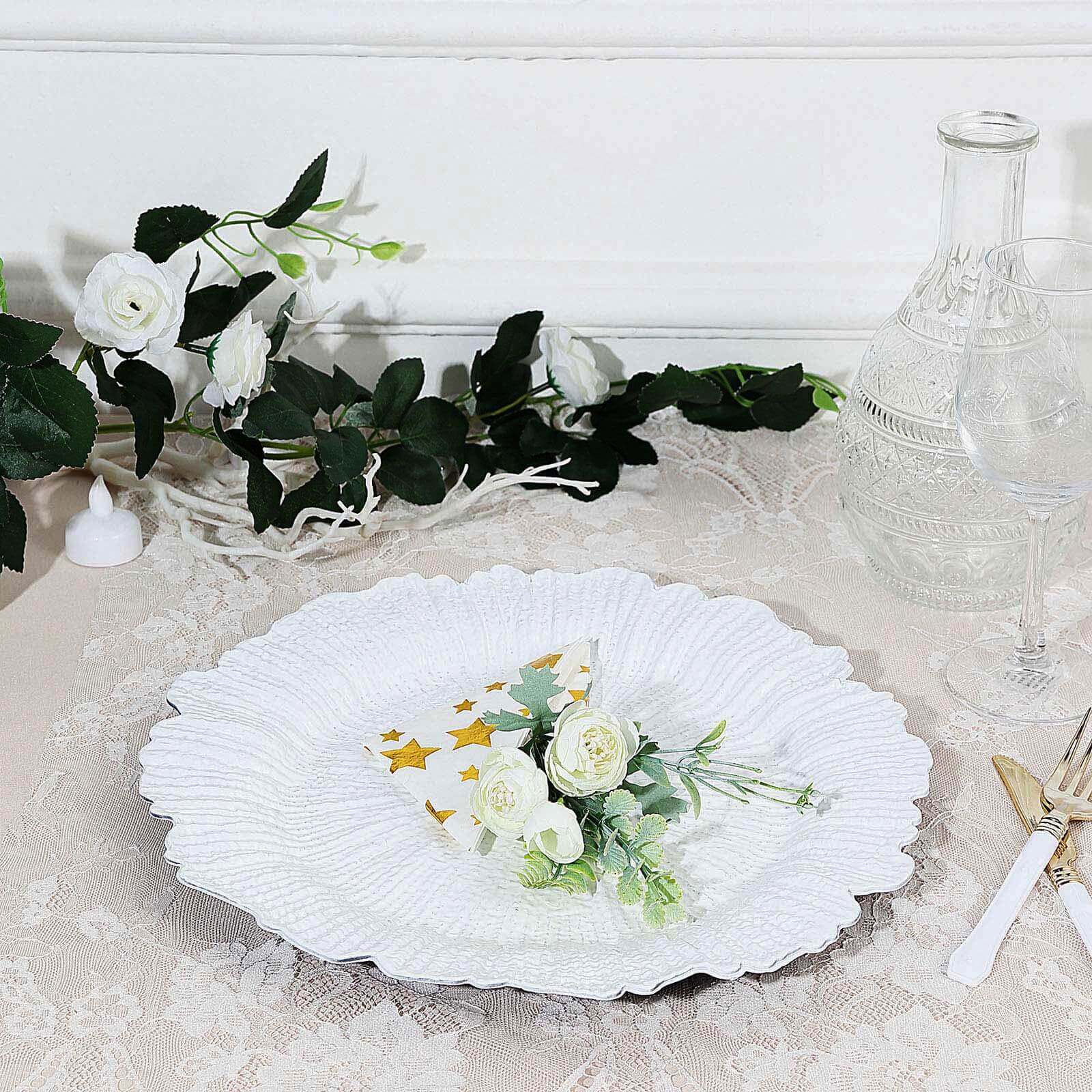 6-Pack Acrylic Plastic Round Charger Plates 13" in White with Reef Design, Classy Dinner Party Charger Tableware