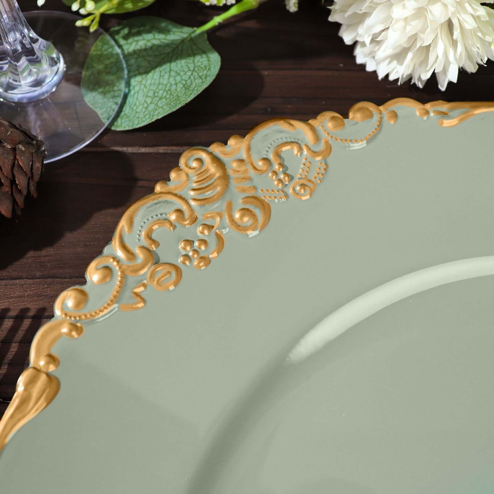 6-Pack Acrylic Round Charger Plates 13" in Dusty Sage Green with Gold Embossed Baroque Rim, Antique Decorative Dinner Party Charger Tableware
