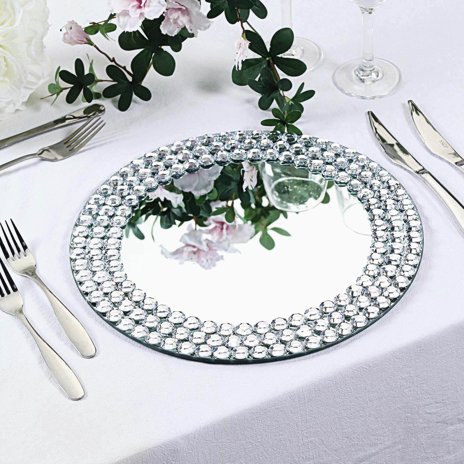 2-Pack Mirror Glass Round Charger Plates 13" with Silver Mirror Diamond Beaded Rim, Upscale Decorative Chargers