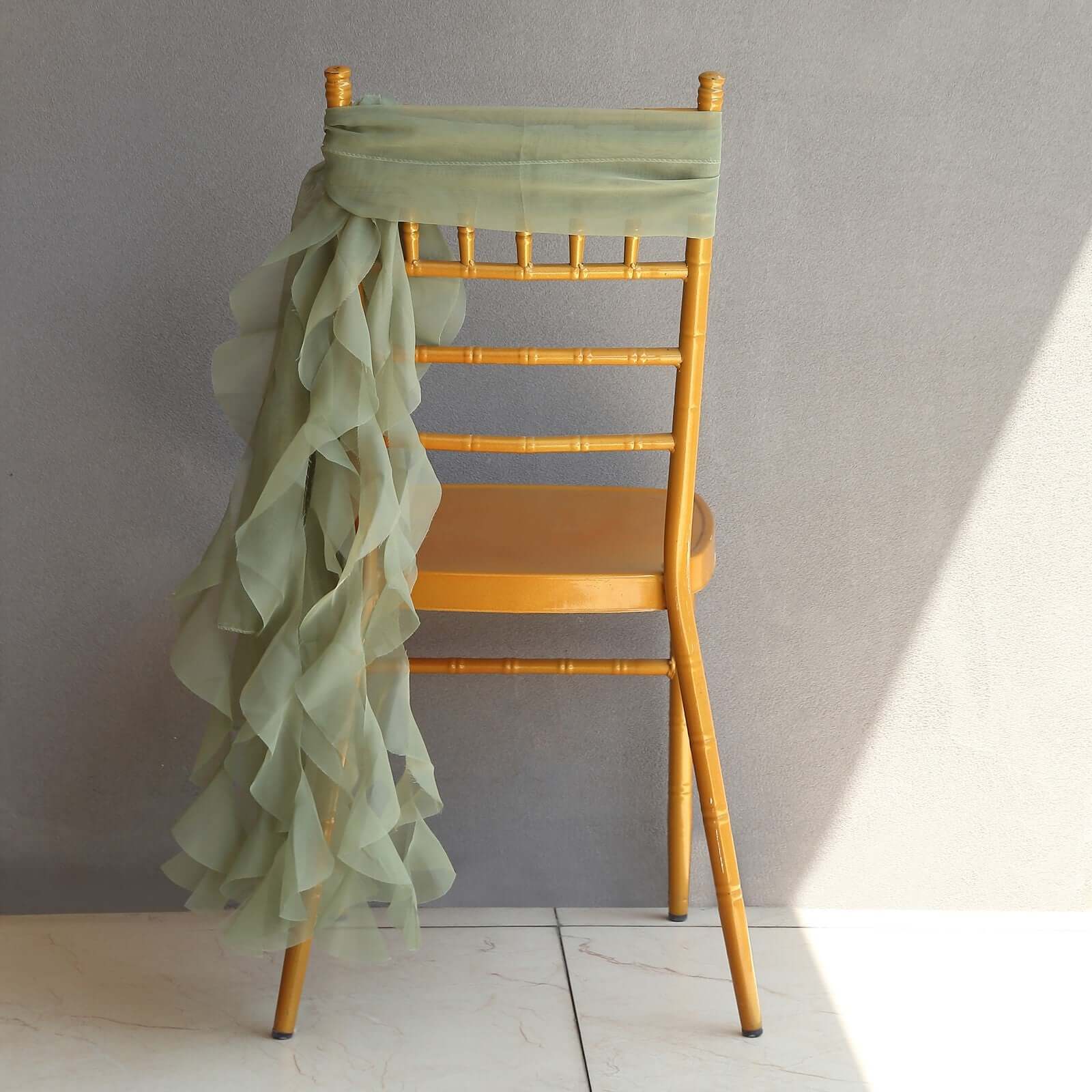 1 Set Chiffon Hoods Chair Sashes with Willow Ruffles Design Dusty Sage Green - Stylish Chair Bow Decor