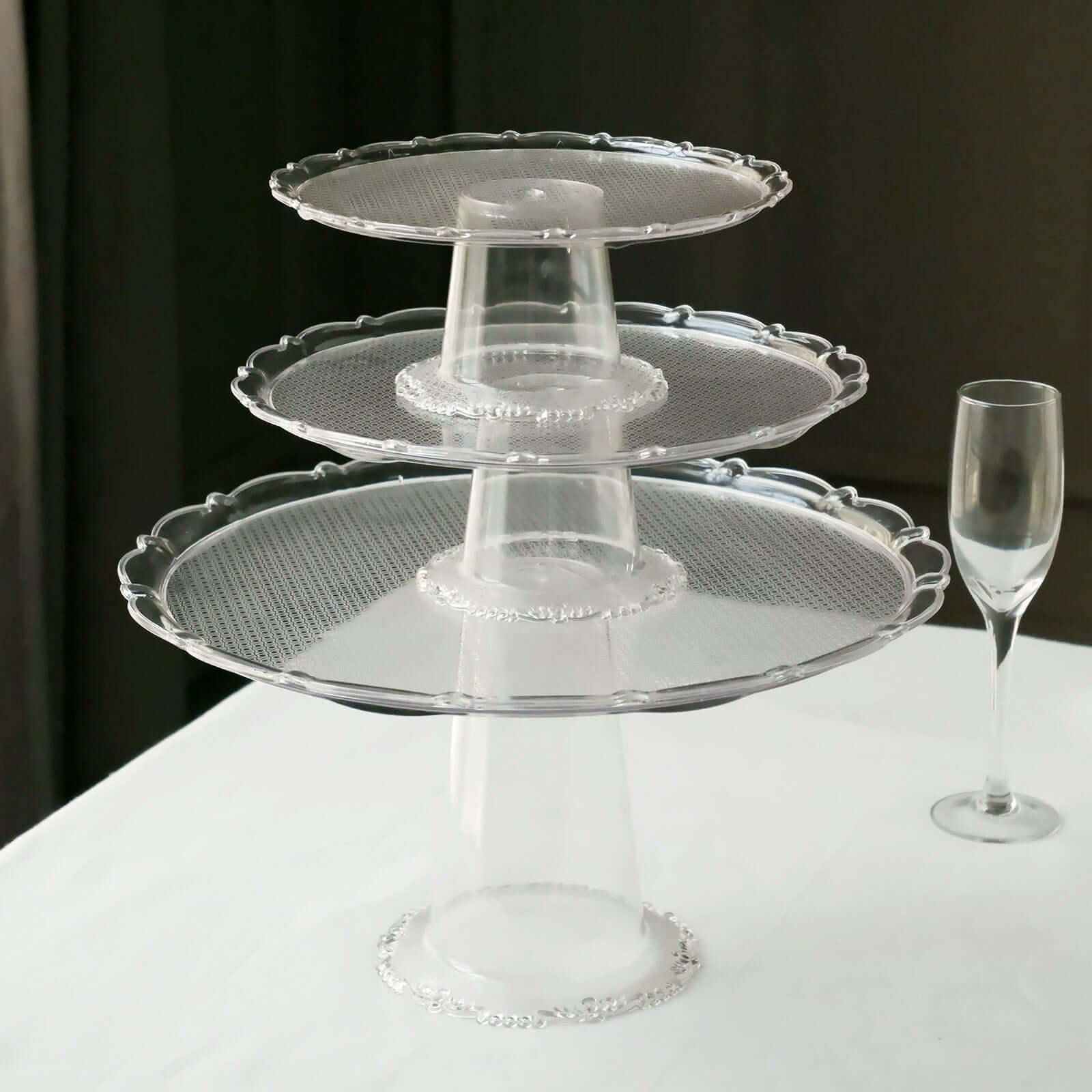 Set of 3 Plastic Round Pedestal Cake Stands Clear - Stackable Cupcake Display Holders with Scalloped Edges for Tea Parties Dessert Buffets & Banquets 9", 11", 15"