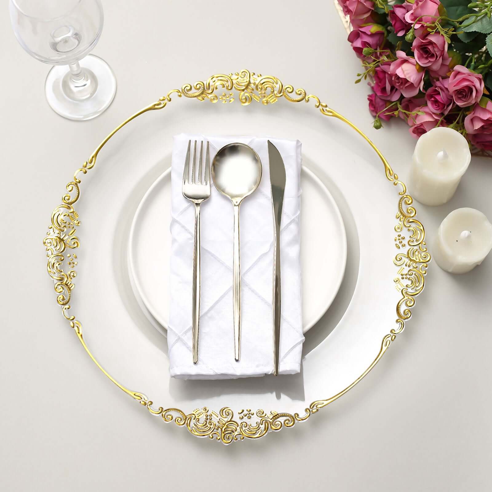 6-Pack Acrylic Round Charger Plates 13" in Clear with Gold Embossed Baroque Rim, Antique Decorative Dinner Party Charger Tableware