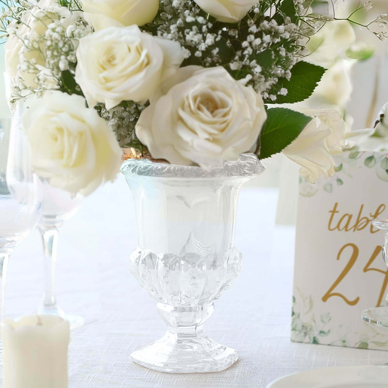 2-Pack Glass Mini Pedestal Flower Vases in Classic Roman Urn Style Clear - Sophisticated Wedding Table Centerpieces 8"