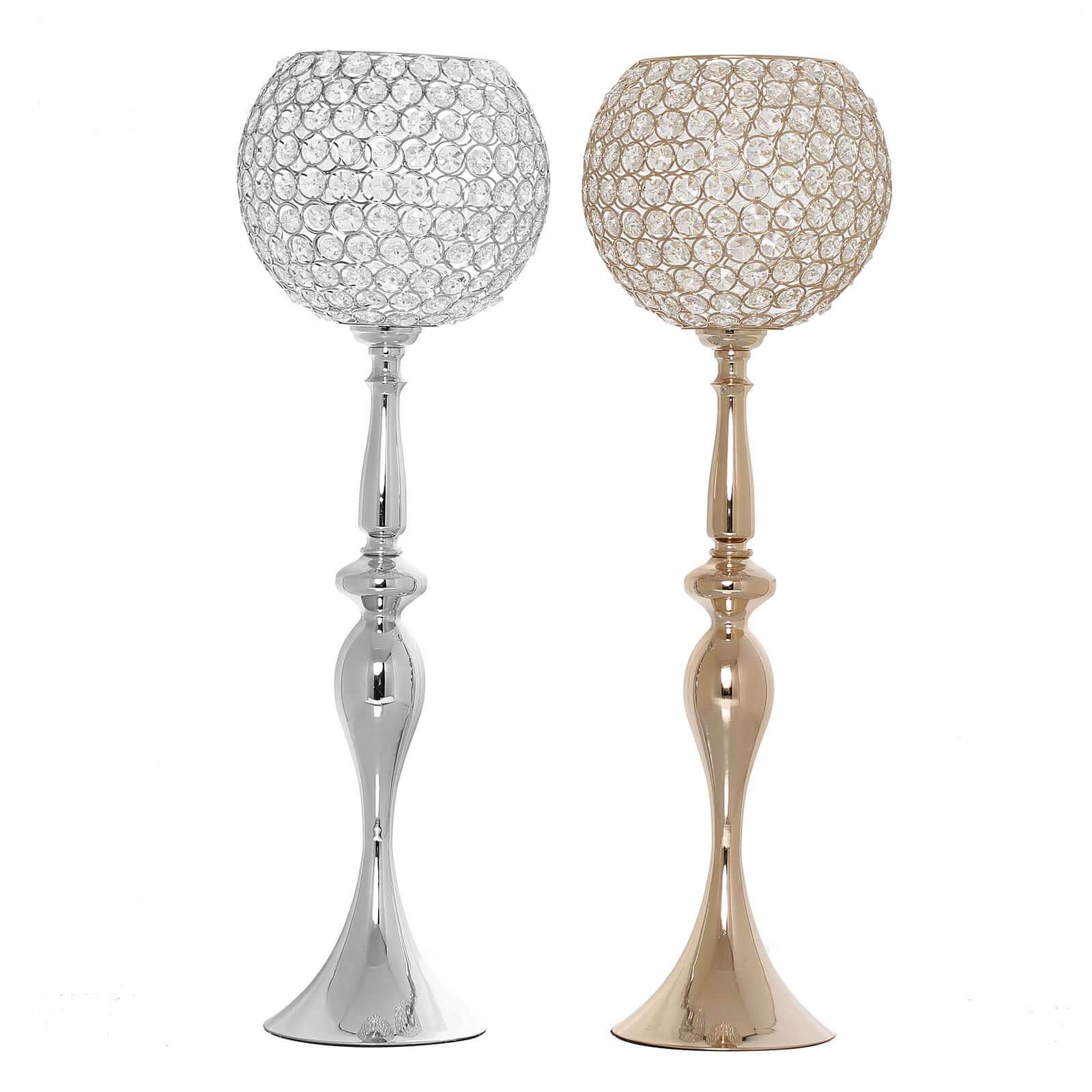 Acrylic Crystal Beaded Goblet Candle Holder Silver - Exquisite Flower Ball Centerpiece Stand for High-End Event Styling 30"