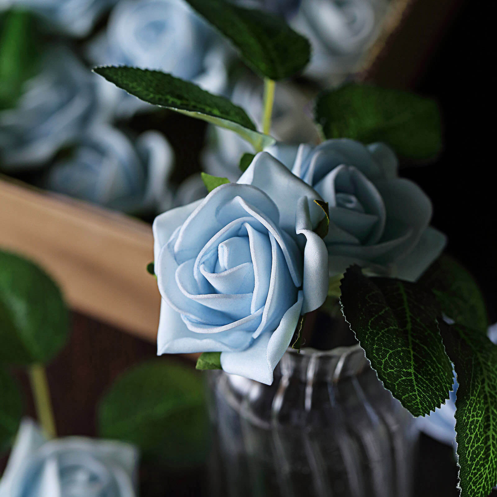24 Roses 2" Dusty Blue Artificial Foam Flowers With Stem Wire and Leaves