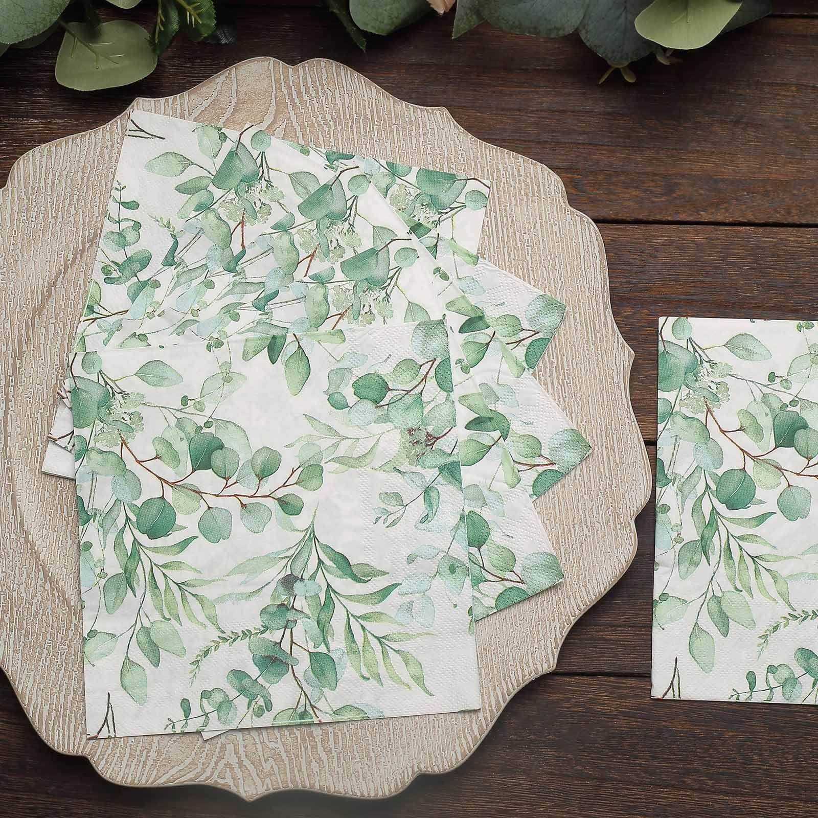 50-Pack Paper Beverage Napkins with Green Foliage Eucalyptus Leaves Design - 2 Ply Soft 18GSM Boho Wedding Napkins 6.5"x6.5"