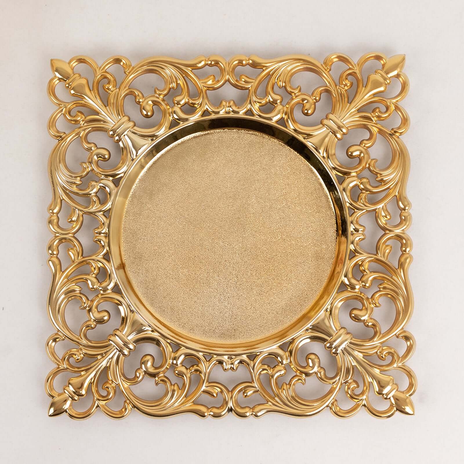 6-Pack Acrylic Square Charger Plates 12" in Gold with Hollow Lace Border, Event Tabletop Decorative Charger Tableware
