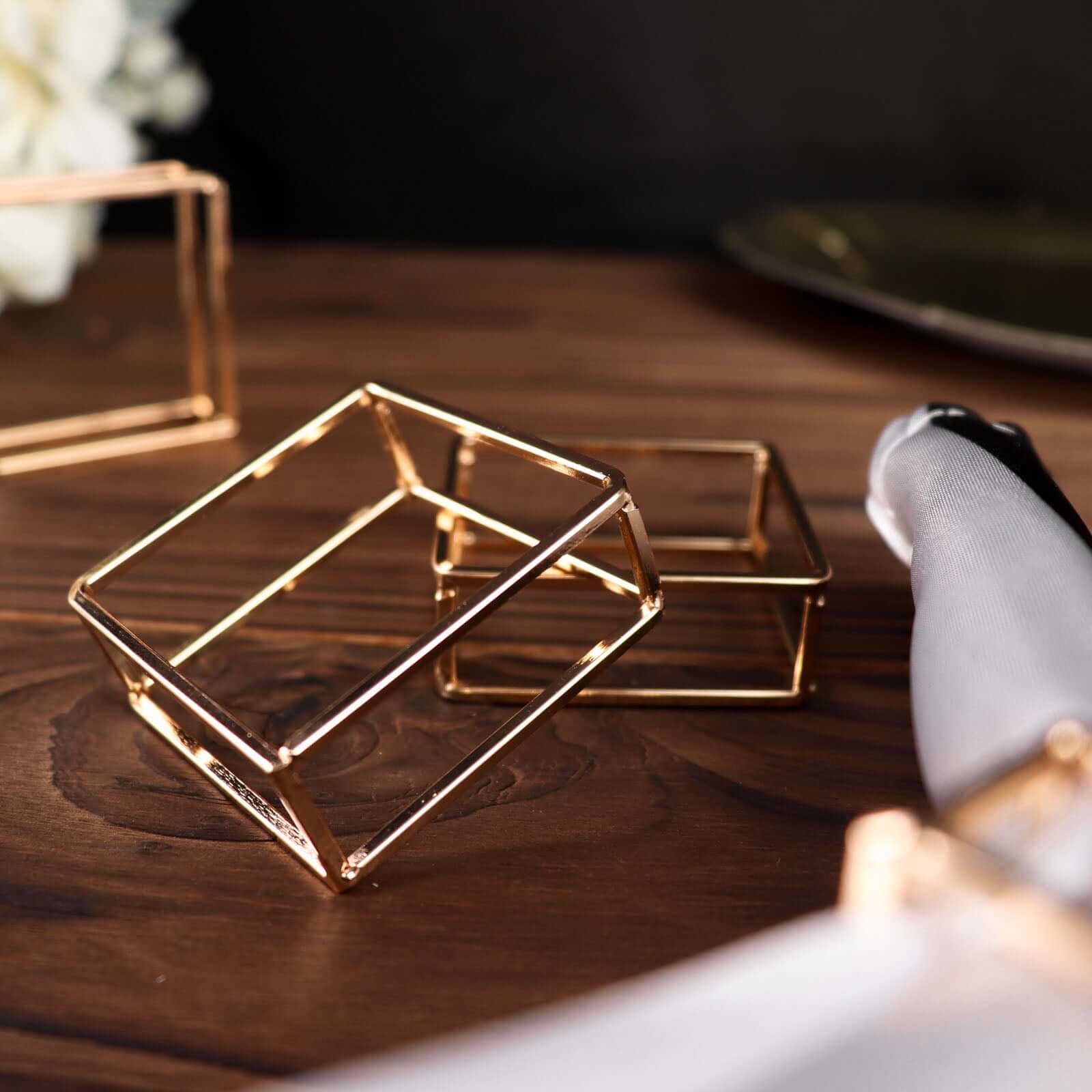 4 Pack Gold Metal Hollow Square Napkin Rings, Modern Geometric Cube Napkin Holders